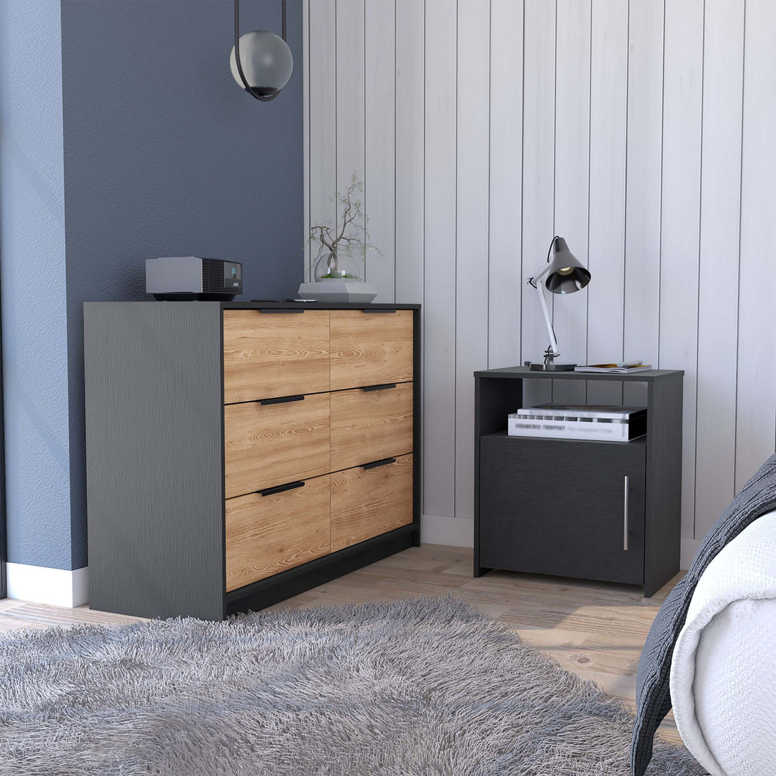 2 Piece Bedroom Set, Egeo 4 Drawer Dresser Omaha Nightstand, Black Pine Black Particle Board Particle Board