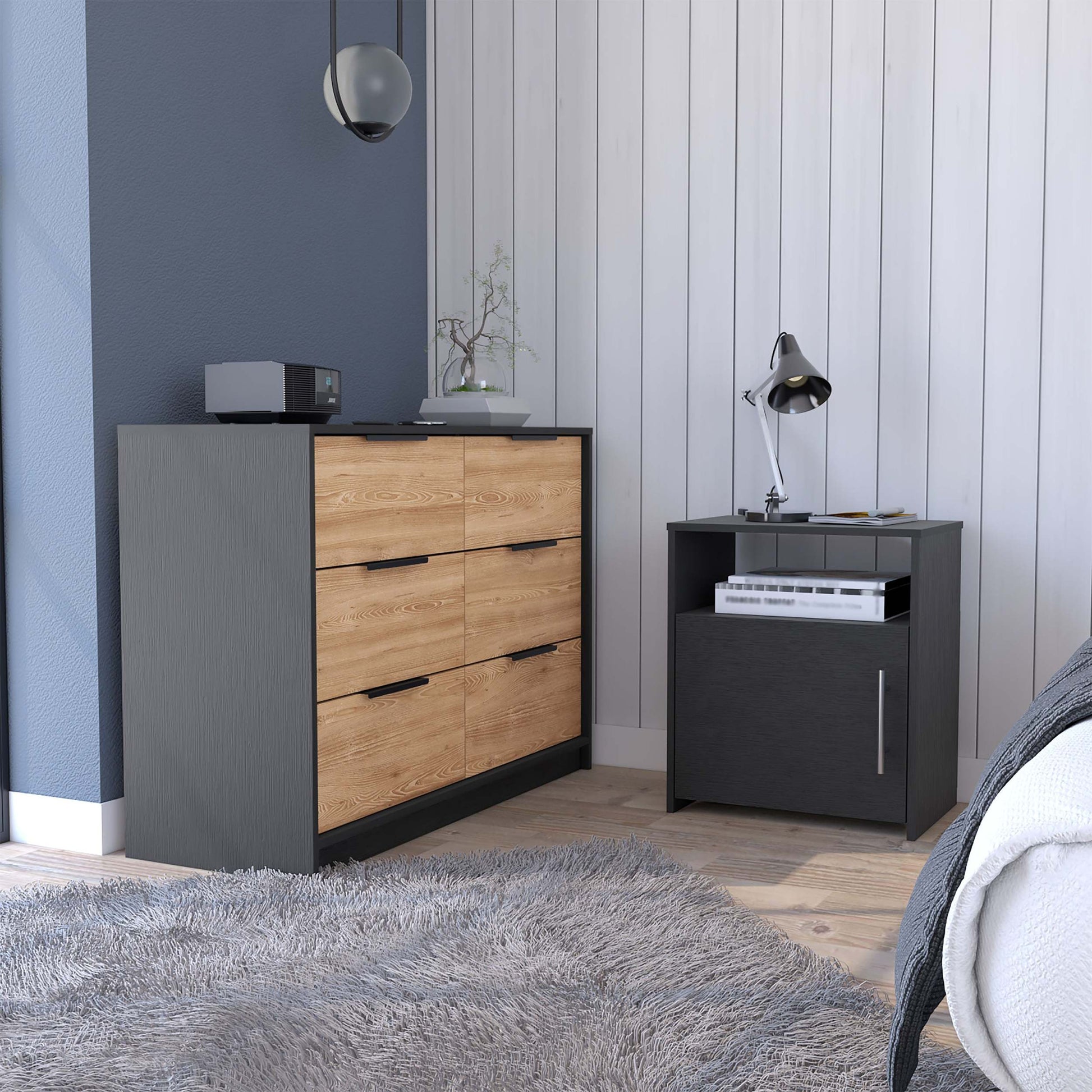 2 Piece Bedroom Set, Egeo 4 Drawer Dresser Omaha Nightstand, Black Pine Black Particle Board Particle Board
