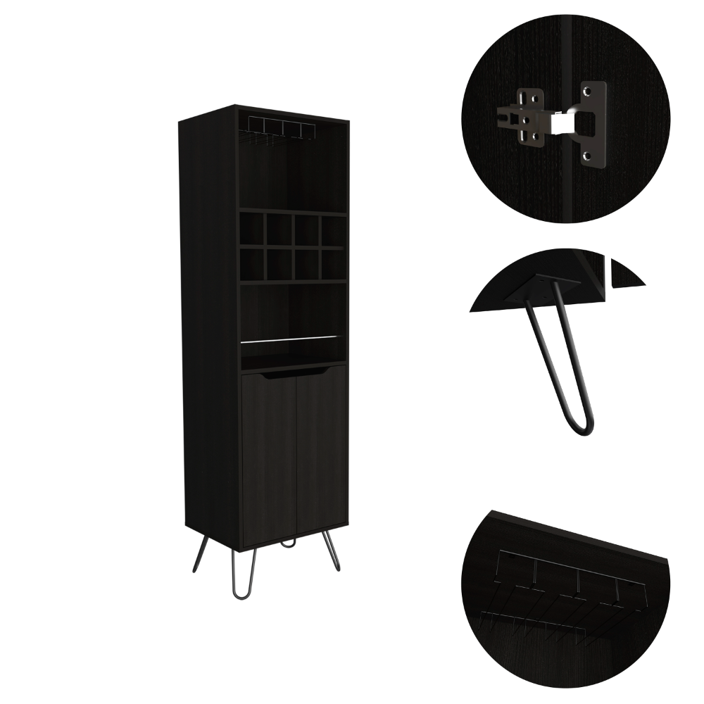 Depot E Shop Zamna H Bar Double Door Cabinet, Eight Built In Wine Rack, Four Legs, Four Shelves, Black Black Particle Board Particle Board