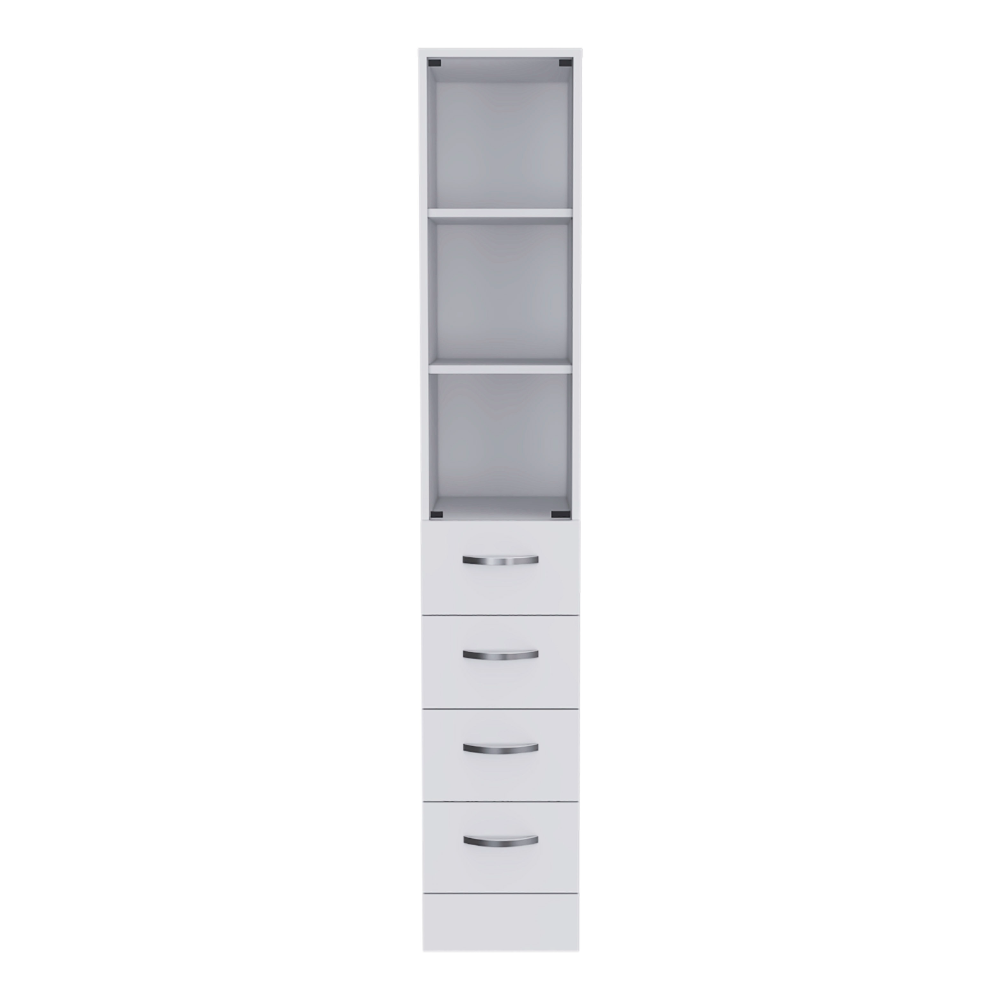 Linen Cabinet 68" H, Three Shelves, Four Drawers And Metal Handles, White 4 White 3 Bathroom Freestanding Modern Particle Board Particle Board