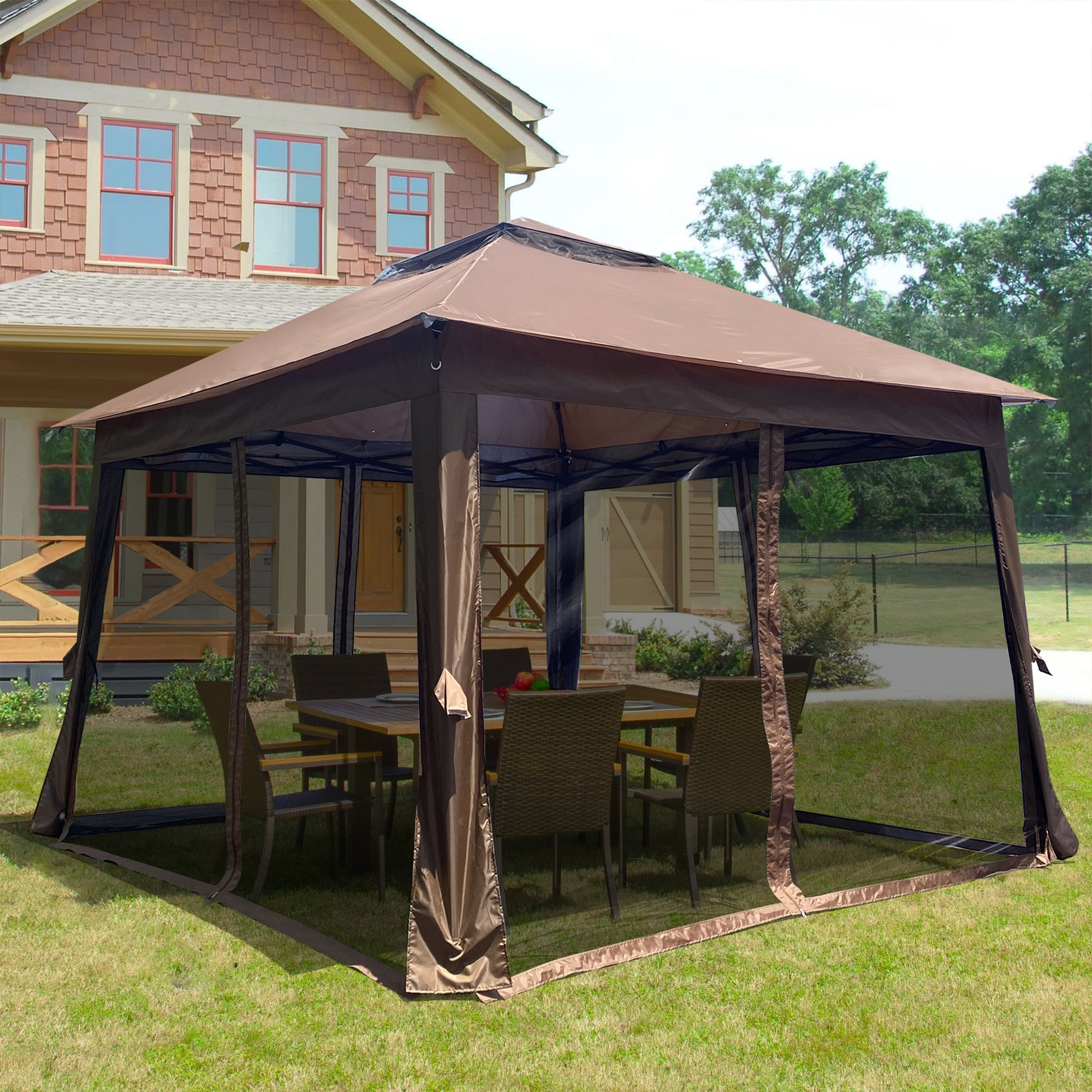 Outdoor 11X 11Ft Pop Up Gazebo Canopy With Removable Zipper Netting,2 Tier Soft Top Event Tent,Suitable For Patio Backyard Garden Camping Area With 4 Sandbags,Brown Brown Metal