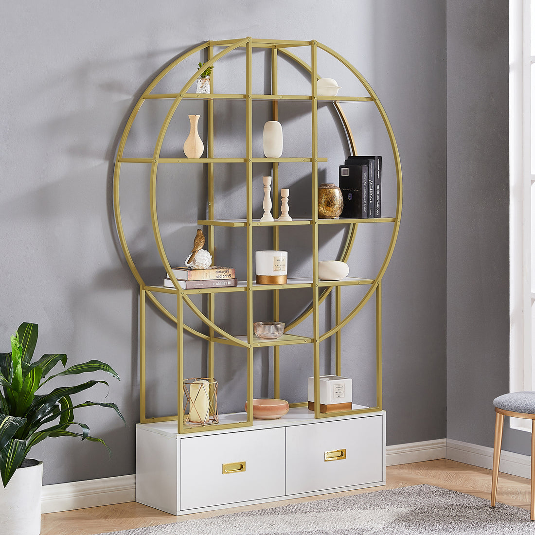 70.8 Inch Round Office Bookcase Bookshelf, Display Shelf, Two Drawers, Gold Frame Golden White Mdf Steel