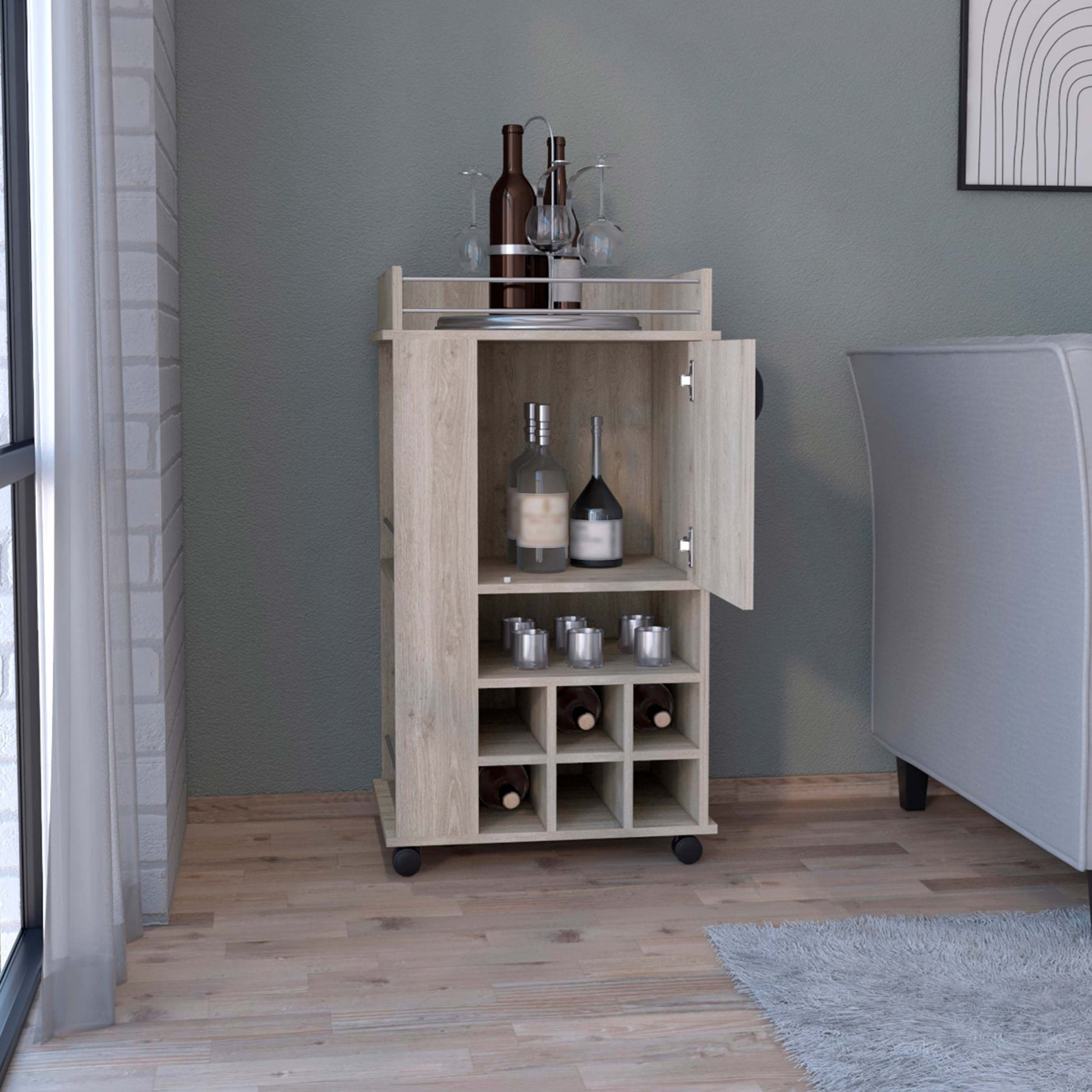 Bar Cart With 6 Built In Wine Rack And Casters, Light Gray Gray Particle Board Particle Board