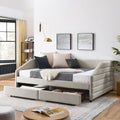 Queen Size Daybed With Two Drawers Trundle Upholstered Tufted Sofa Bed, Linen Fabric, Beige 88