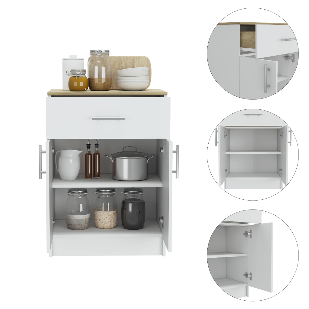 Pantry Organizer Cabinet 33" H, One Drawer, Two Interior Shelves, Two Doors, White Light Oak Multicolor Kitchen Modern Pine Particle Board Particle Board