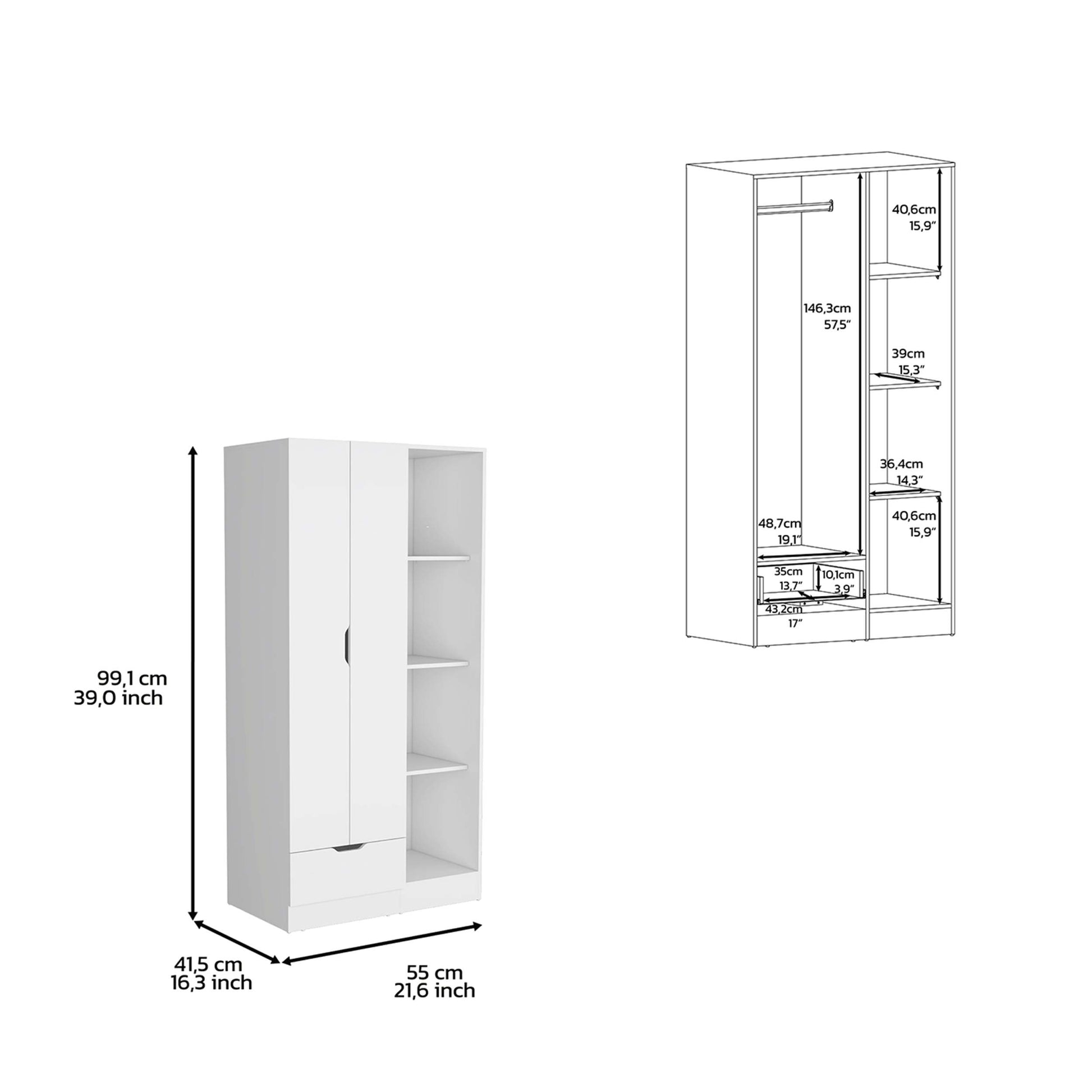 Armoire 71H" With 1 Drawer And 4 Tier Open Shelves, 2 Doors, White White White Pine Particle Board Engineered Wood