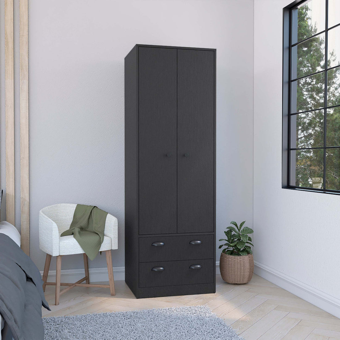 Armoire 70"H With 2 Drawers And 2 Doors, Black Hinged Black 2 Drawers Bedroom Modern 2 Or Less Black Particle Board Particle Board