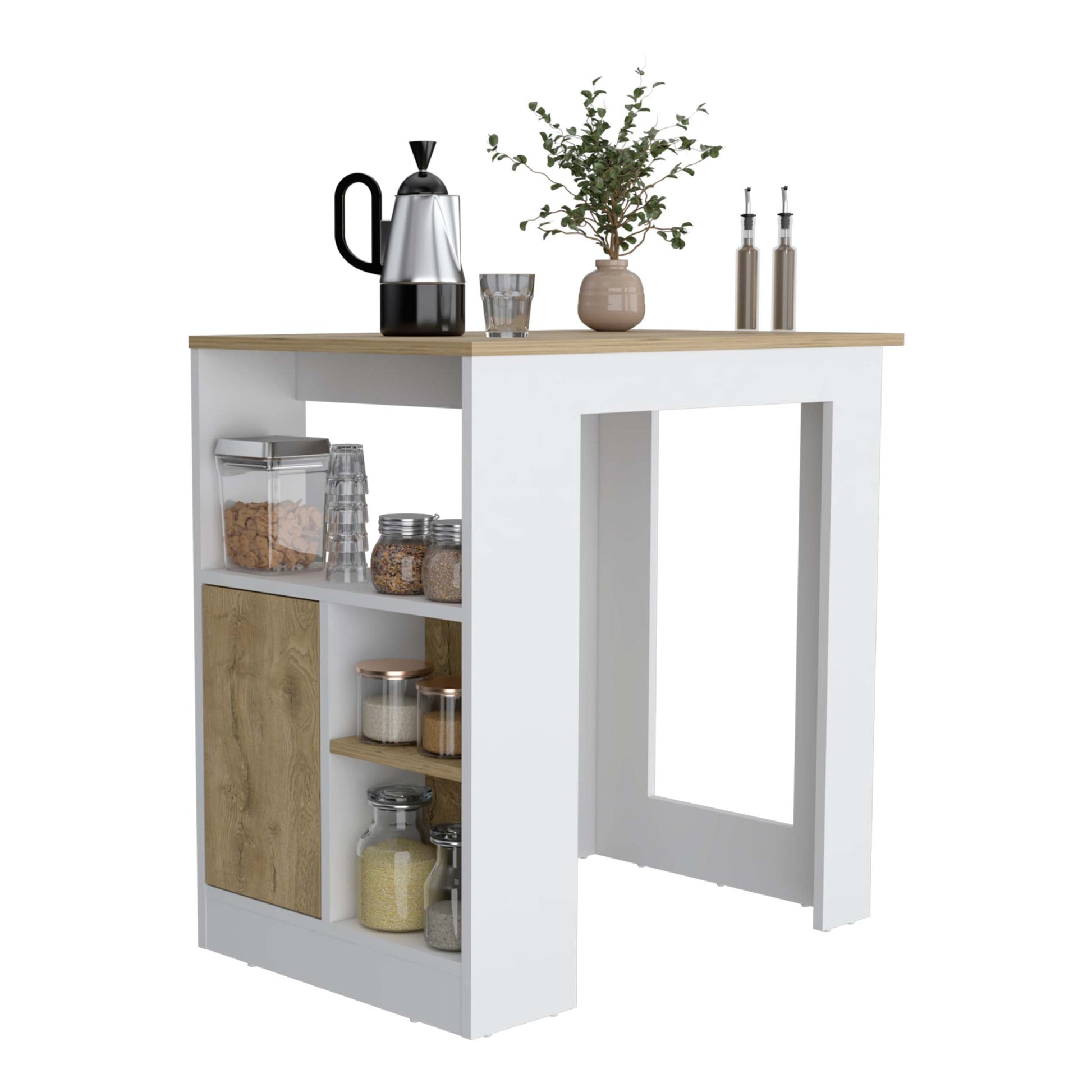 Kitchen Island 36" H, Three Open Side Storage Shelves And One Push To Open Cabinet, White Macadamia Multicolor Kitchen Modern Pine Particle Board Particle Board