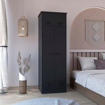 Dresser Closet With Upper Storage Covered With 1 Door, 2 Central Shelves, 1 Tube For Hanging Clothes Covered By 2 Doors, 1 Drawer At The Bottom, Black Black Particle Board Particle Board