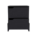 Black Modern Easy To Install Bedside Nightstand With 2 Drawers, With Openwork Gola Handles, With Floor Fixing With Two Sturdy Particle Board Legs. Black Particle Board Particle Board