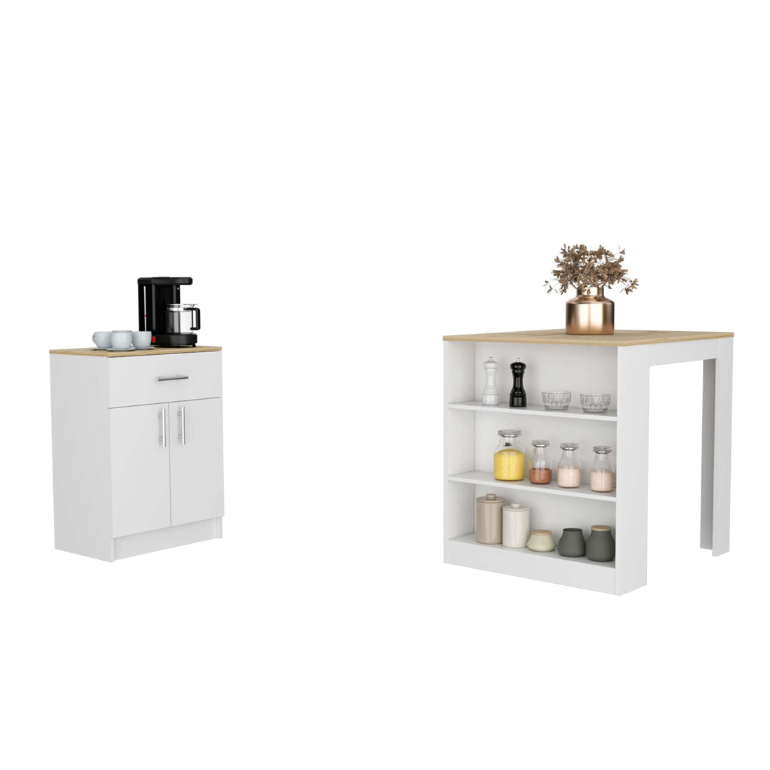 2 Piece Kitchen Set, Kitchen Island Table Pantry Cabinet, White Light Oak White Particle Board Particle Board