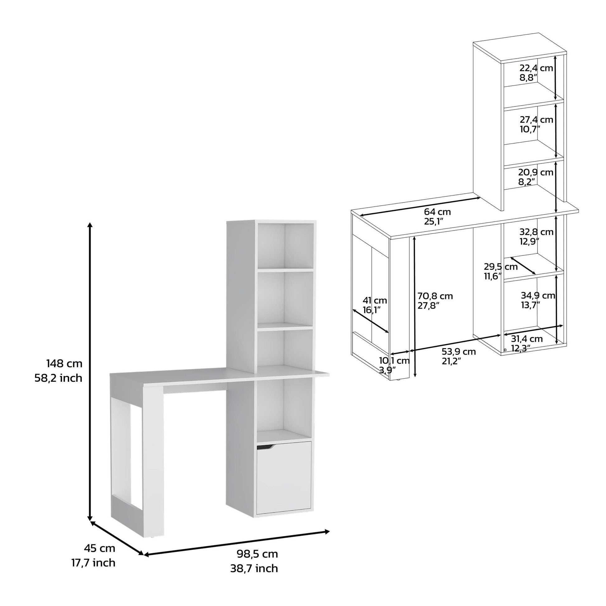 Writing Desk With Bookcase And Cabinet, White White Particle Board Particle Board