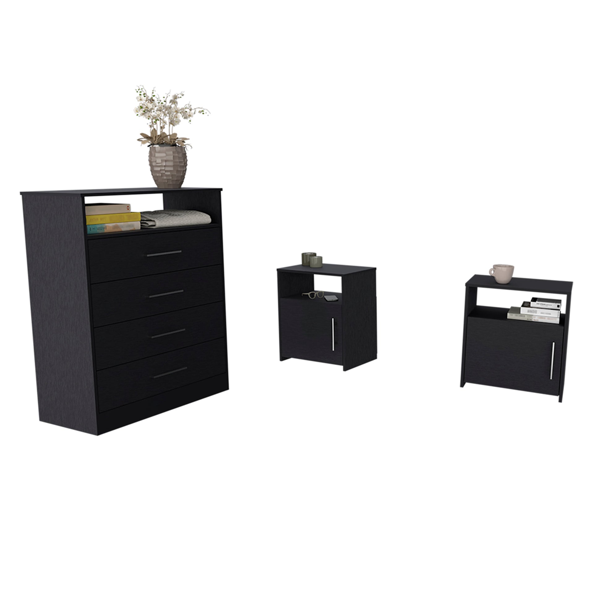 3 Piece Bedroom Set, Kairo Dresser Omaha Nightstand Omaha Nightstand, Black Black Particle Board Particle Board