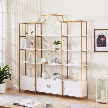 78 Inch 4 Tiers Home Office Bookcase Bookshelf, Storage Cabinet Display Shelf, X Bar Gold Frame Golden White Mdf Steel