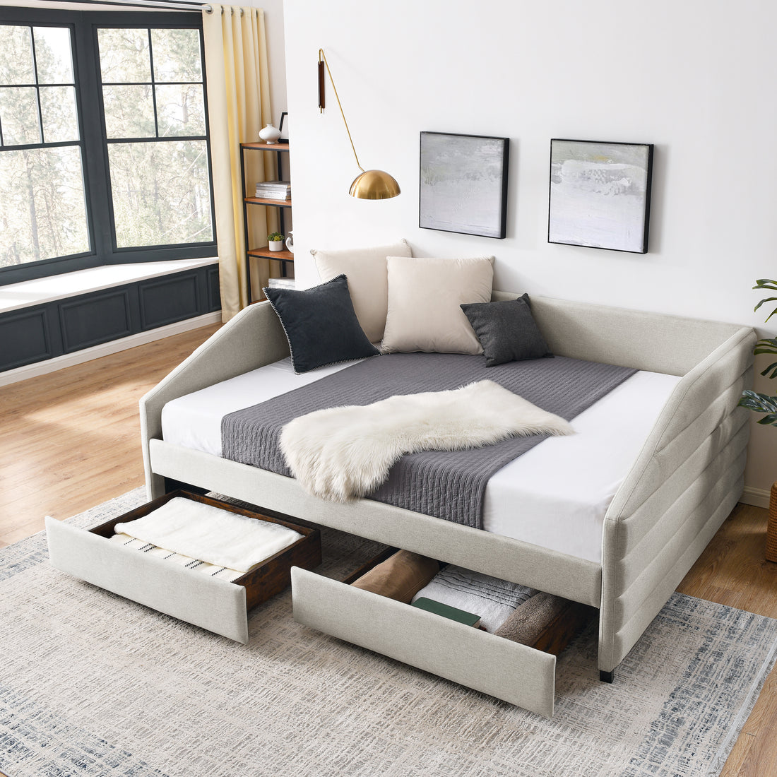 Queen Size Daybed With Two Drawers Trundle Upholstered Tufted Sofa Bed, Linen Fabric, Beige 88"X64.5"X34" Box Spring Not Required Queen Beige Composite Bedroom Classic,Contemporary,French,Luxury,Modern Linen Linen