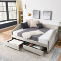 Queen Size Daybed With Two Drawers Trundle Upholstered Tufted Sofa Bed, Linen Fabric, Beige 88