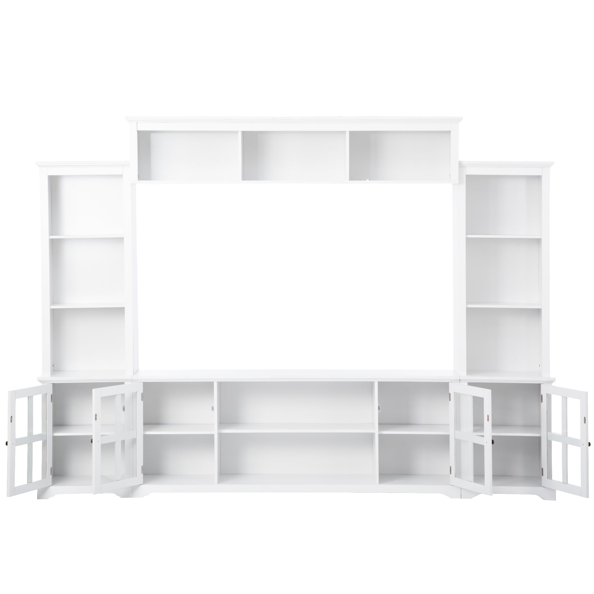 Minimalism Style Entertainment Wall Unit With Bridge, Modern Tv Console Table For Tvs Up To 70", Multifunctional Tv Stand With Tempered Glass Door, White White 70 79 Inches Particle Board