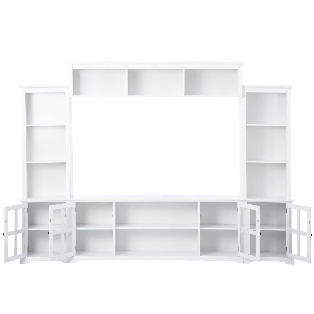 Minimalism Style Entertainment Wall Unit With Bridge, Modern Tv Console Table For Tvs Up To 70", Multifunctional Tv Stand With Tempered Glass Door, White White 70 79 Inches Particle Board