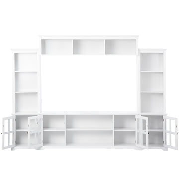 Minimalism Style Entertainment Wall Unit With Bridge, Modern Tv Console Table For Tvs Up To 70", Multifunctional Tv Stand With Tempered Glass Door, White White 70 79 Inches Particle Board