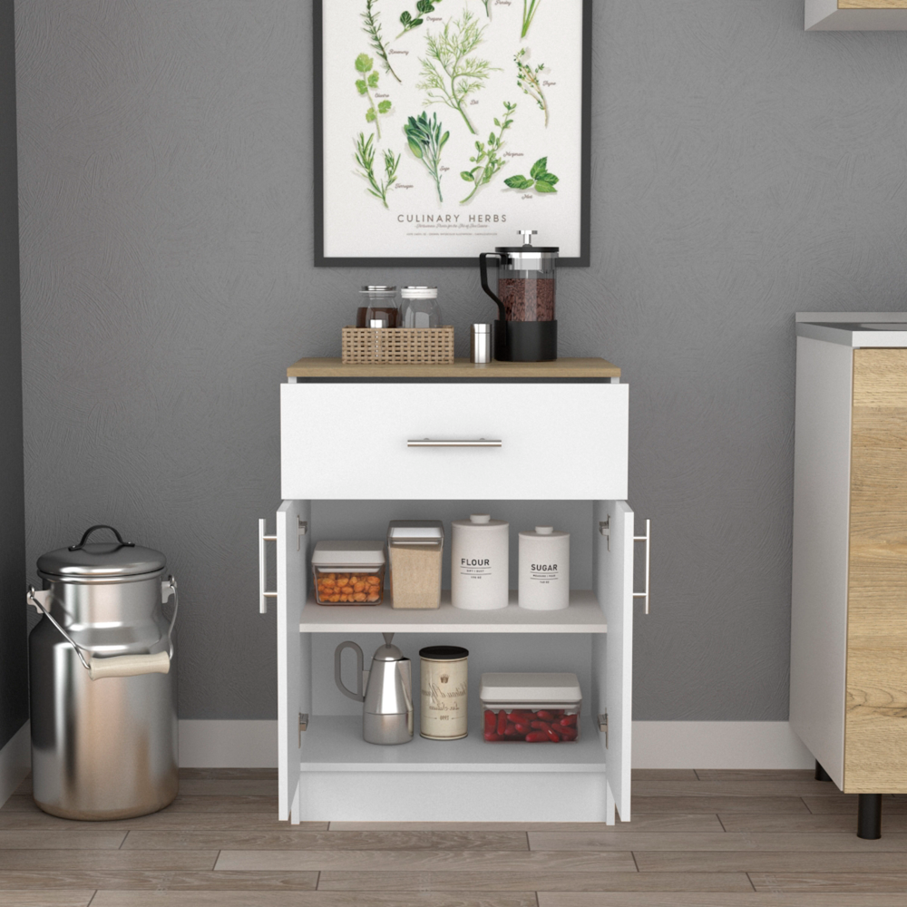 Pantry Organizer Cabinet 33" H, One Drawer, Two Interior Shelves, Two Doors, White Light Oak Multicolor Kitchen Modern Pine Particle Board Particle Board