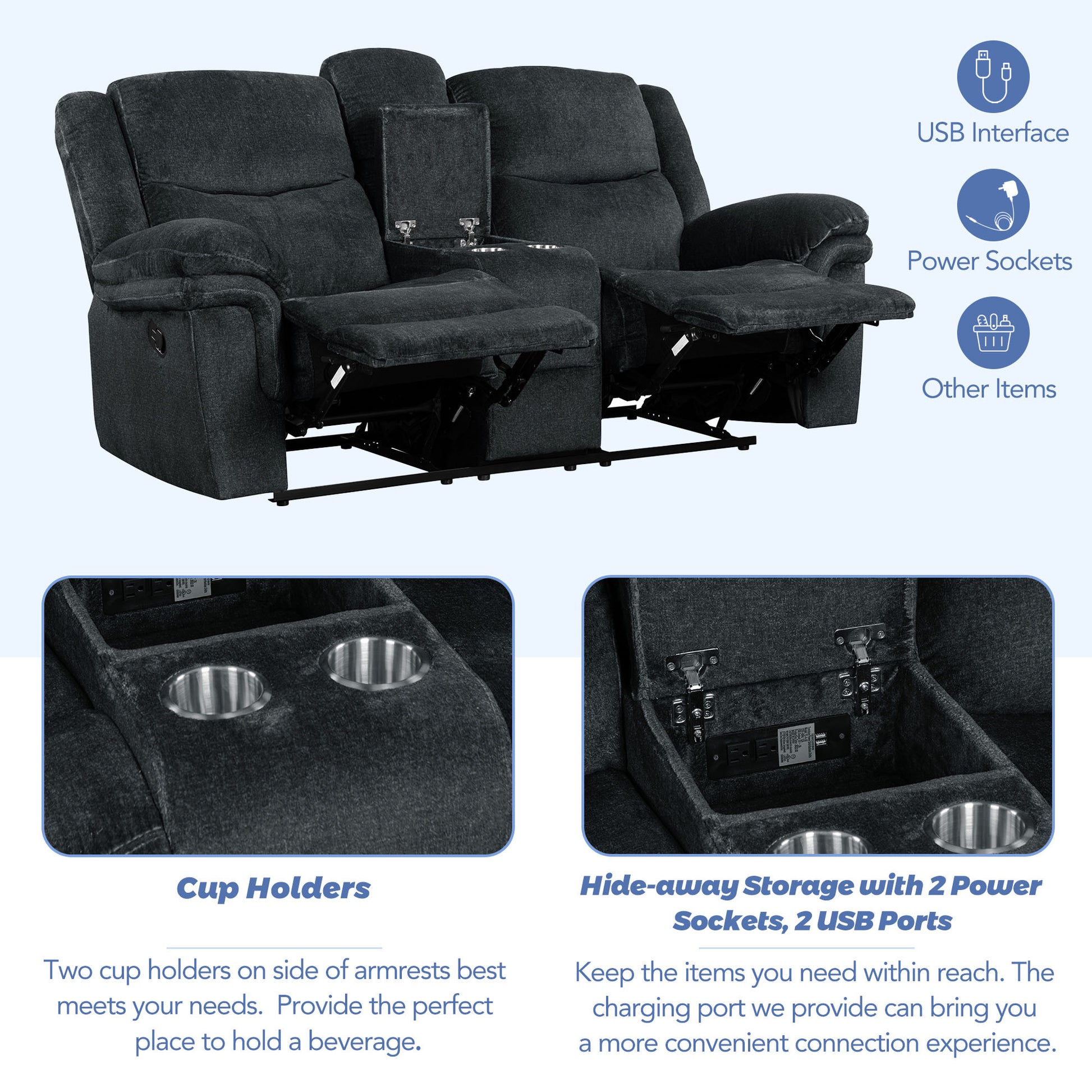 Home Theater Seating Manual Reclining Sofa With Cup Holders,Hide Away Storage, 2 Usb Ports And 2 Power Sockets For Living Room, Bedroom, Dark Blue Dark Blue Foam Velvet