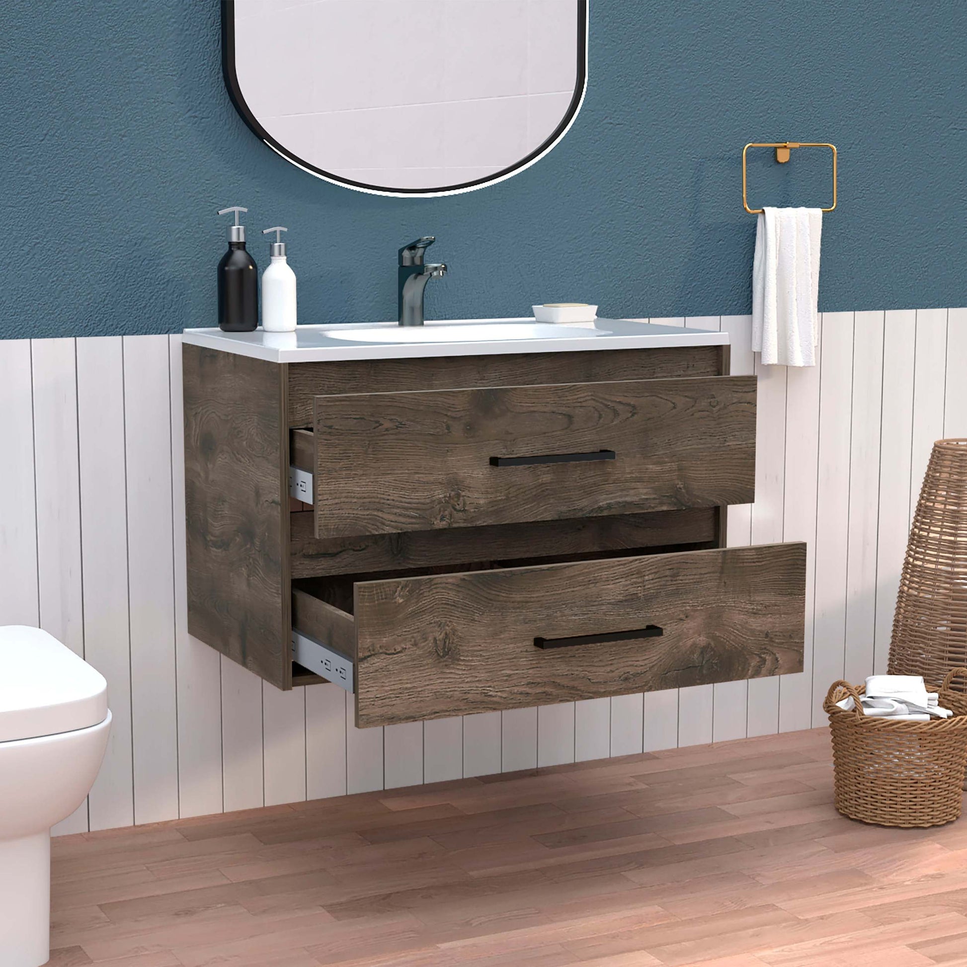 Floating Vanity Bathroom 20.4H" With 2 Drawer Organizers, Dark Brown White Multicolor Bathroom Modern Particle Board Particle Board