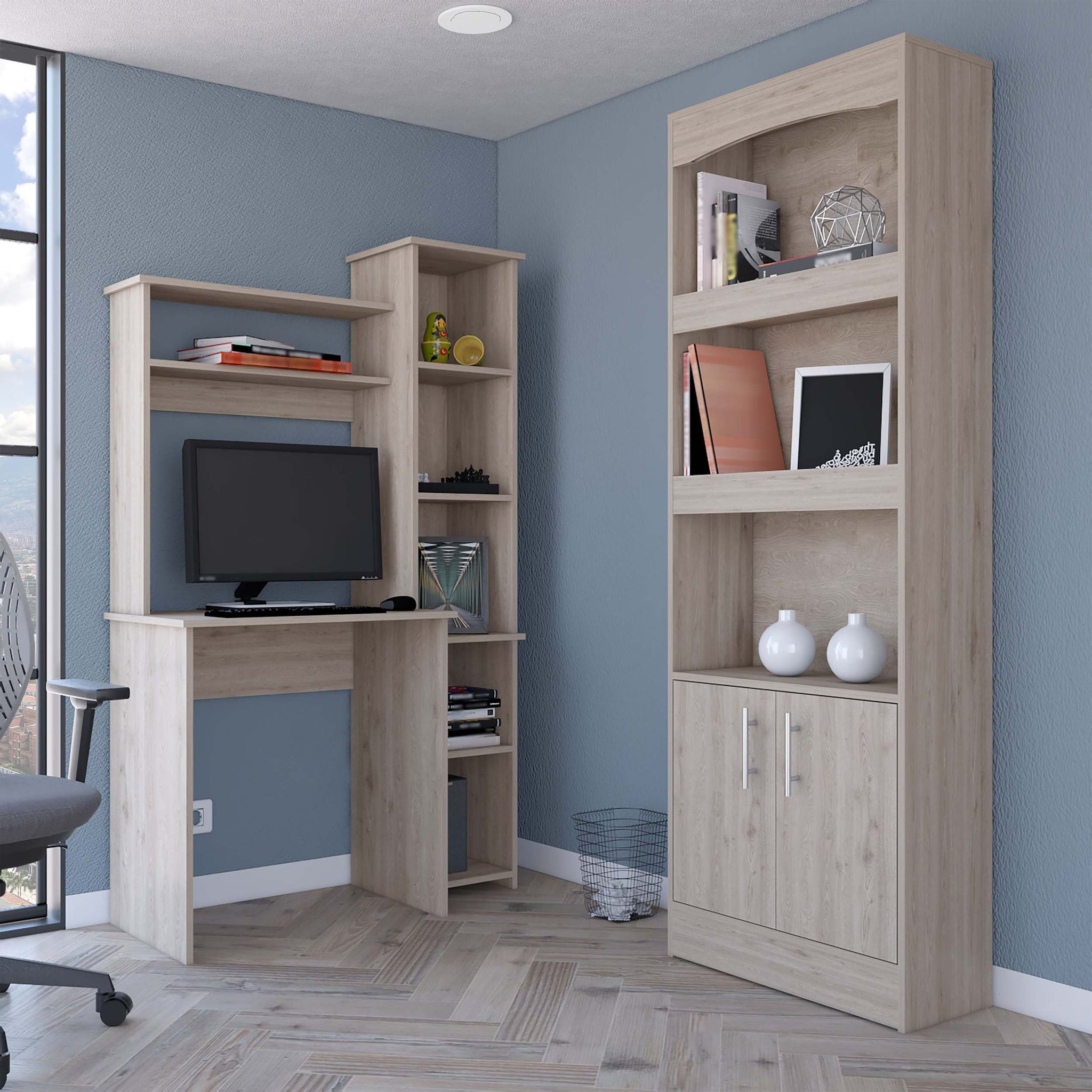 2 Piece Office Set, Bookcase Desk, Light Gray Light Gray Particle Board Particle Board