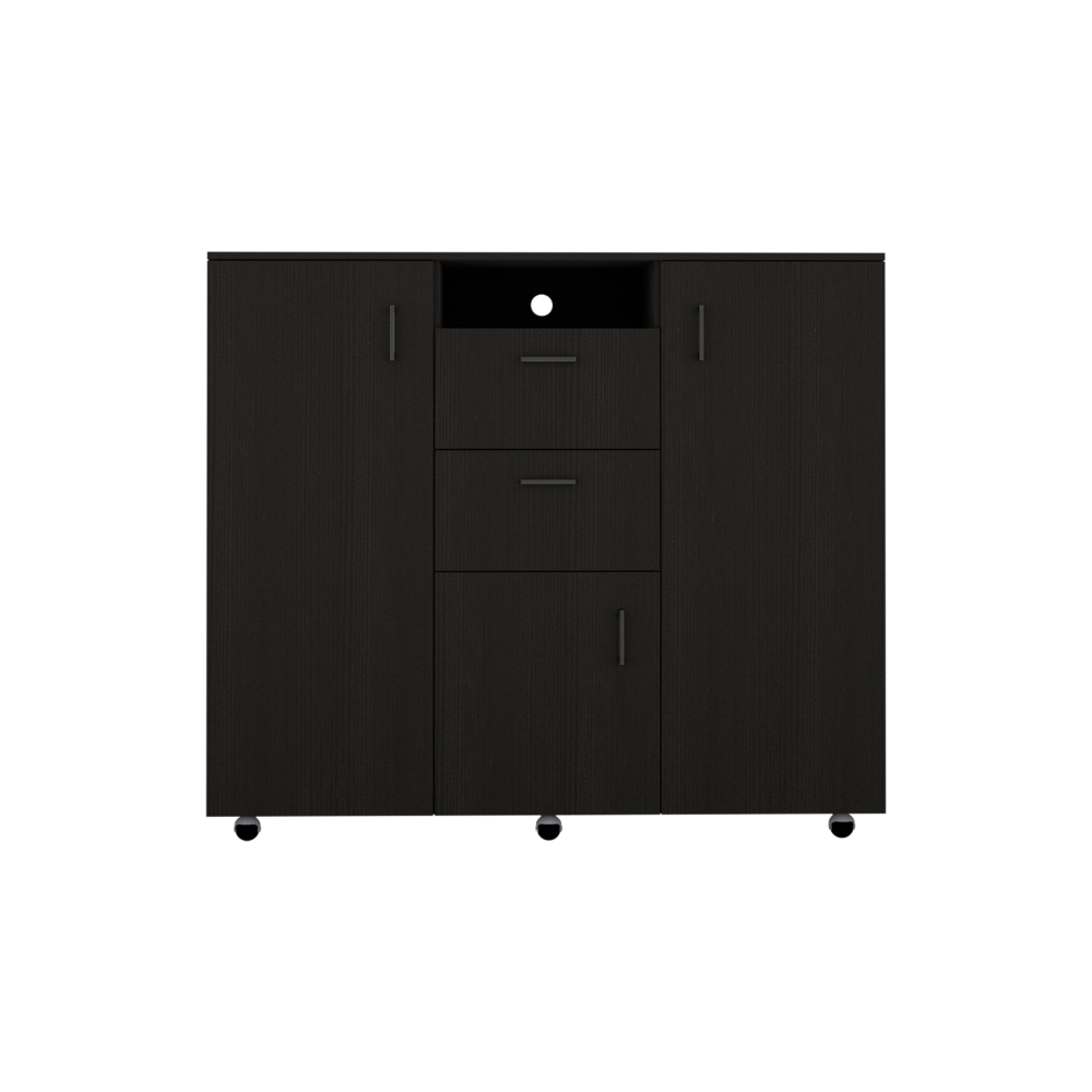 3 Door Cabinet Dresser 48"H, Two Drawers, Four Interior Shelves, Rod, Black Black Particle Board Particle Board