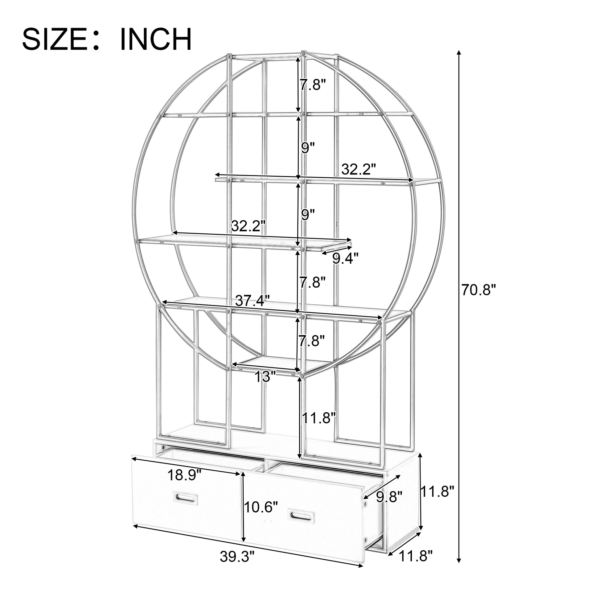 70.8 Inch Round Office Bookcase Bookshelf, Display Shelf, Two Drawers, Gold Frame Golden White Mdf Steel