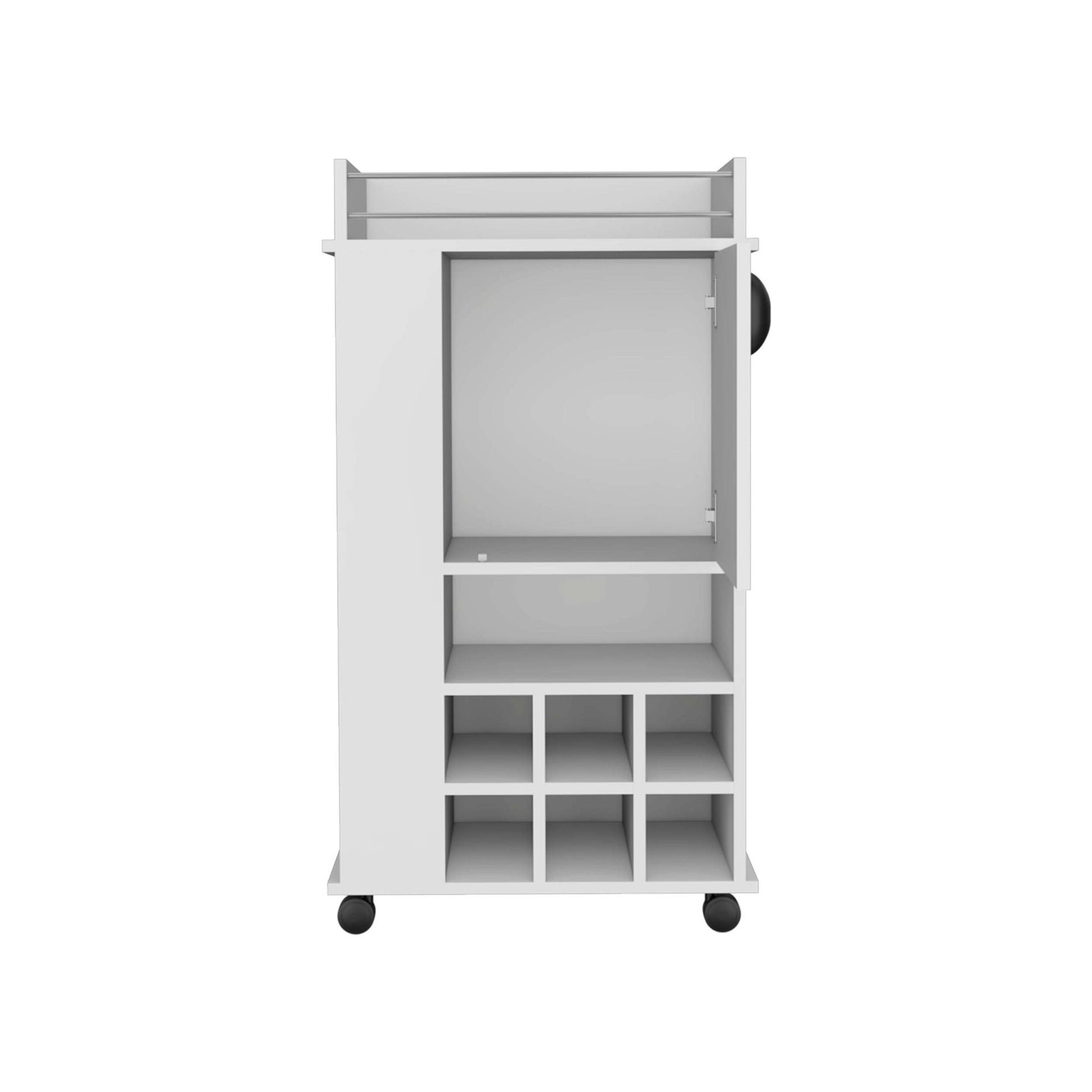 White 4 Wheel Bar Cart Cabinet For Kitchen Or Living Room, With 6 Built In Bottle Racks, 1 Interior Shelve, 2 Side Shelves, 1 Space With Wood Door To Store Glasses, Cups, Coffee Or Snacks. White Particle Board Particle Board