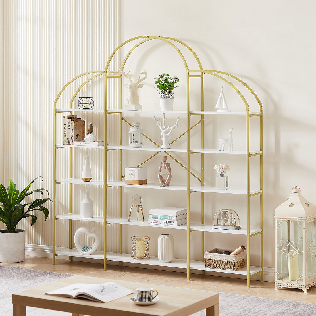 74.8 Inch 5 Tiers Office Bookcase Bookshelf, Display Shelf With Round Top, X Bar Gold Frame Golden White Mdf Steel