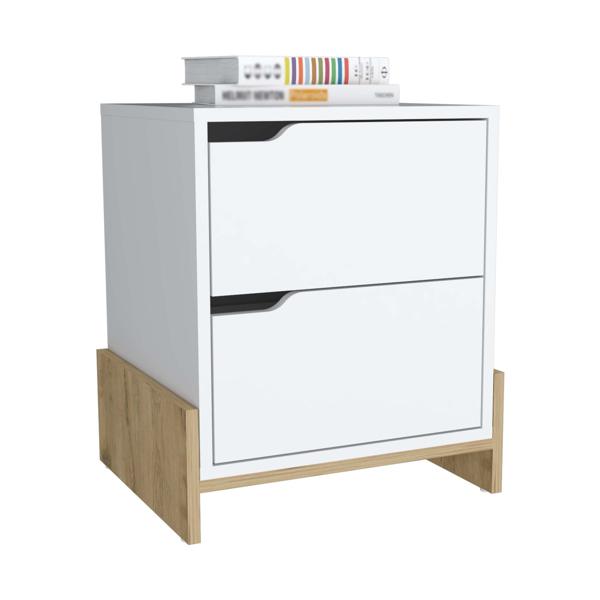 White Macadamia Modern Easy To Install Bedside Nightstand With 2 Drawers, With Openwork Gola Handles, With Floor Fixing With Two Sturdy Particle Board Legs Multicolor Particle Board Particle Board