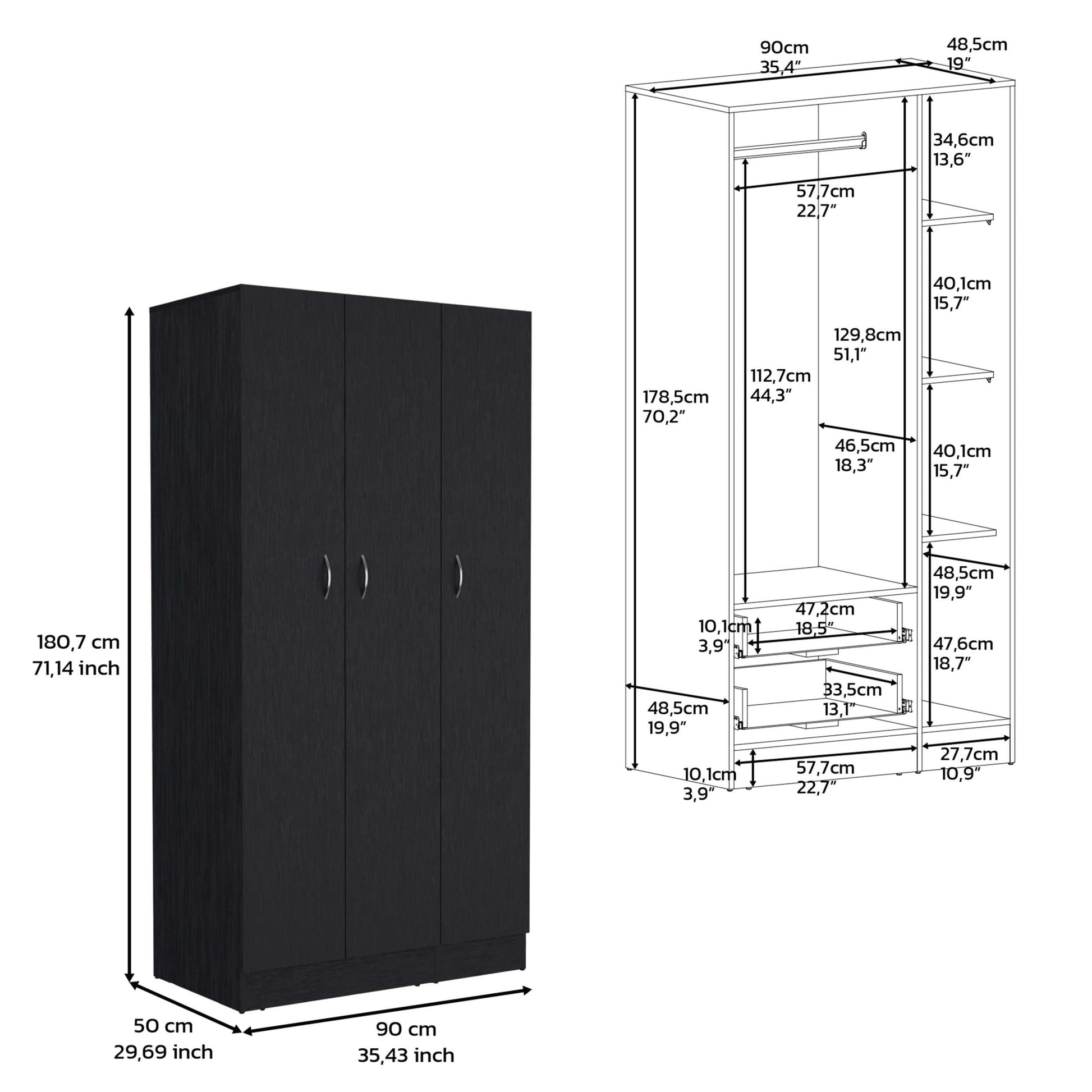 Wardrobe Armoire 71"H With 3 Doors And 2 Inner Drawers, 3 Doors, Black Black Bedroom Modern Pine Particle Board Particle Board