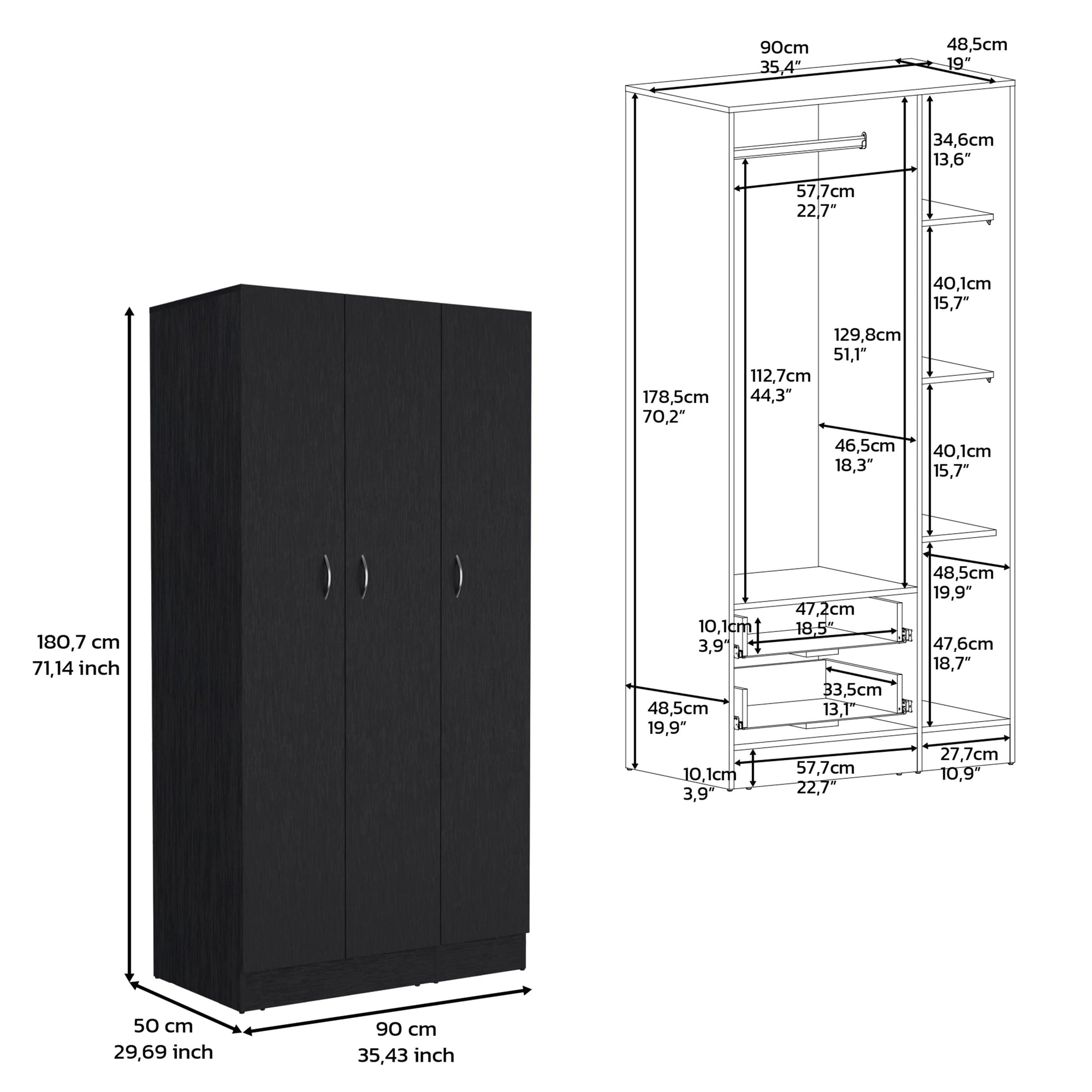 Wardrobe Armoire 71H" With 3 Doors And 2 Inner Drawers, 3 Doors, Black Black Bedroom Modern Pine Particle Board Particle Board