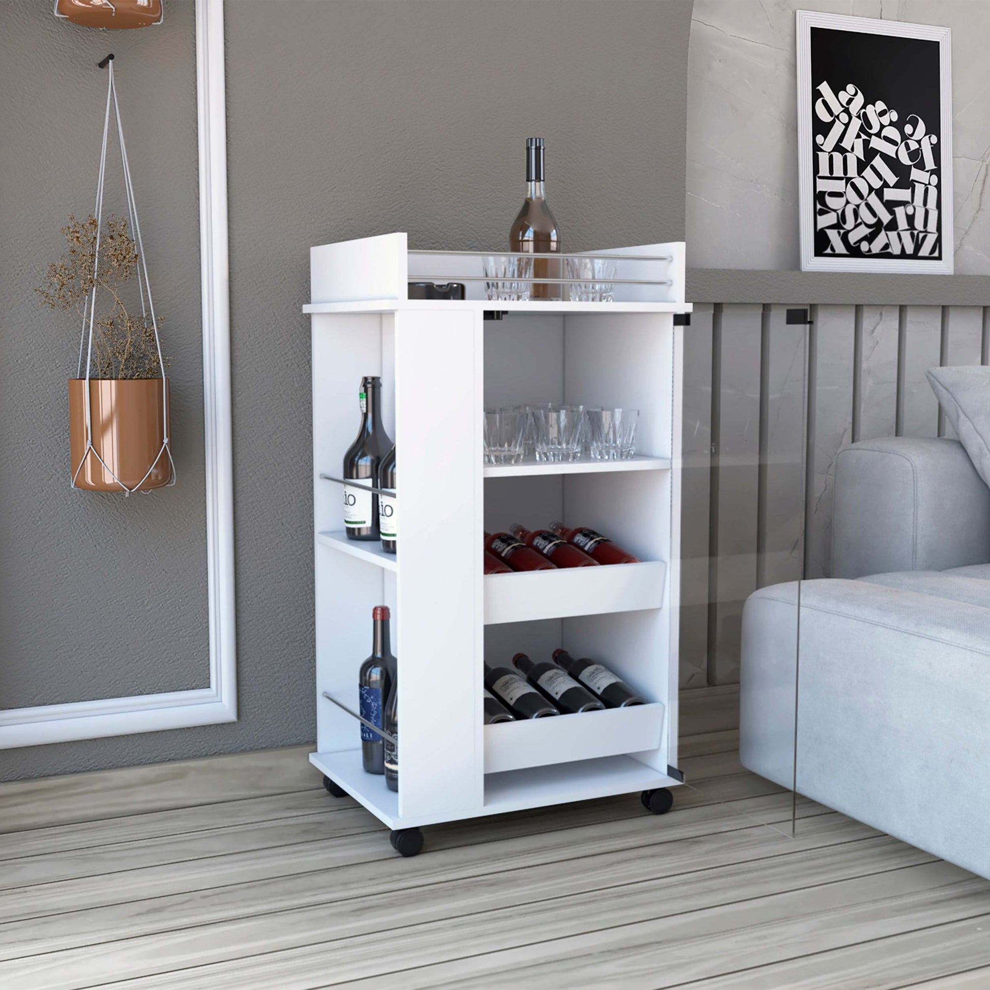 Bar Cart With Glass Door, 2 Side Shelves And Casters, White White Particle Board Particle Board