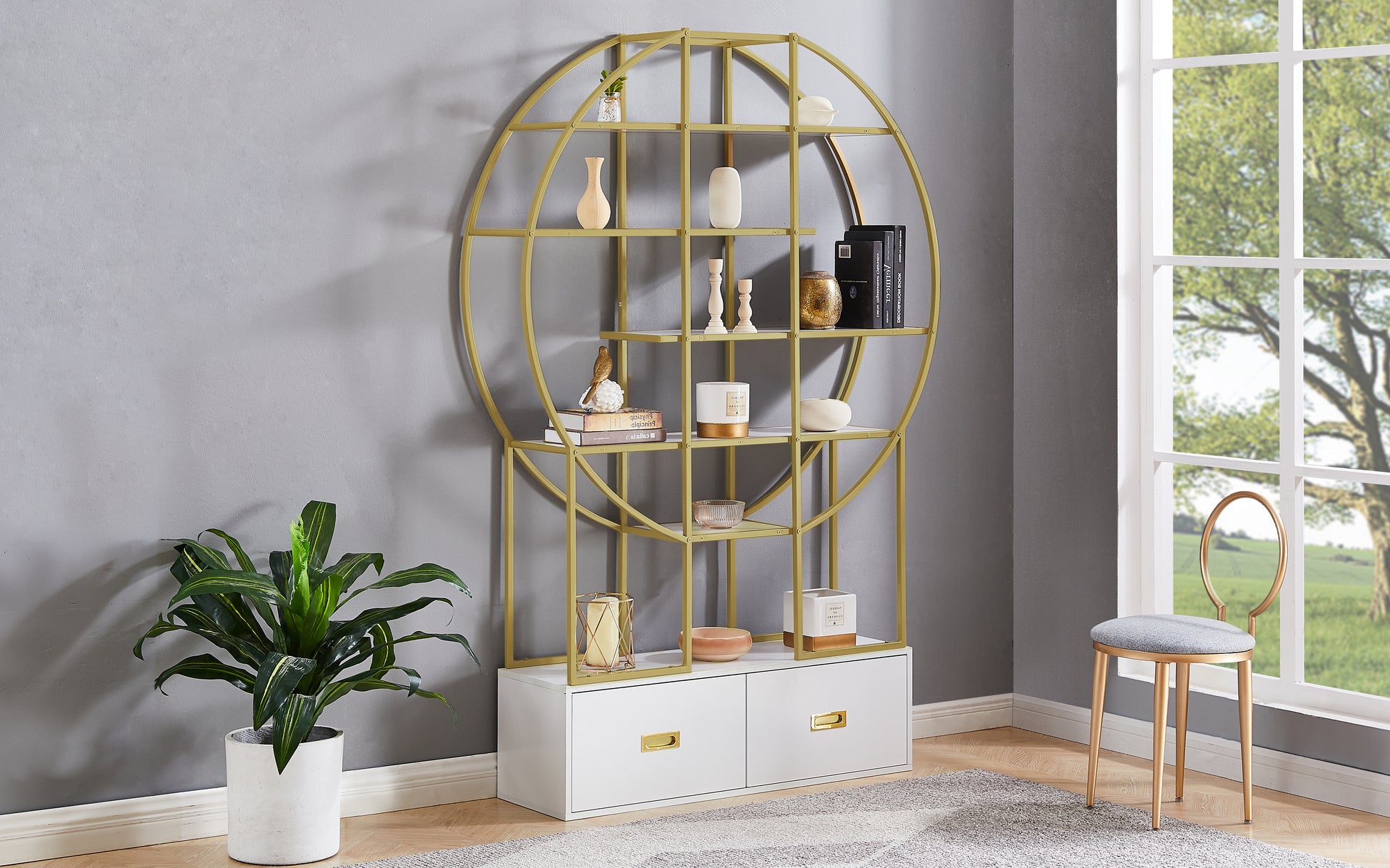 70.8 Inch Round Office Bookcase Bookshelf, Display Shelf, Two Drawers, Gold Frame Golden White Mdf Steel