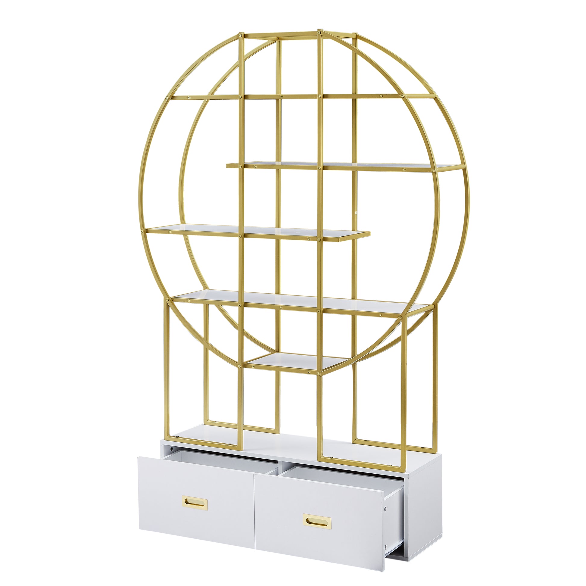 70.8 Inch Round Office Bookcase Bookshelf, Display Shelf, Two Drawers, Gold Frame Golden White Mdf Steel