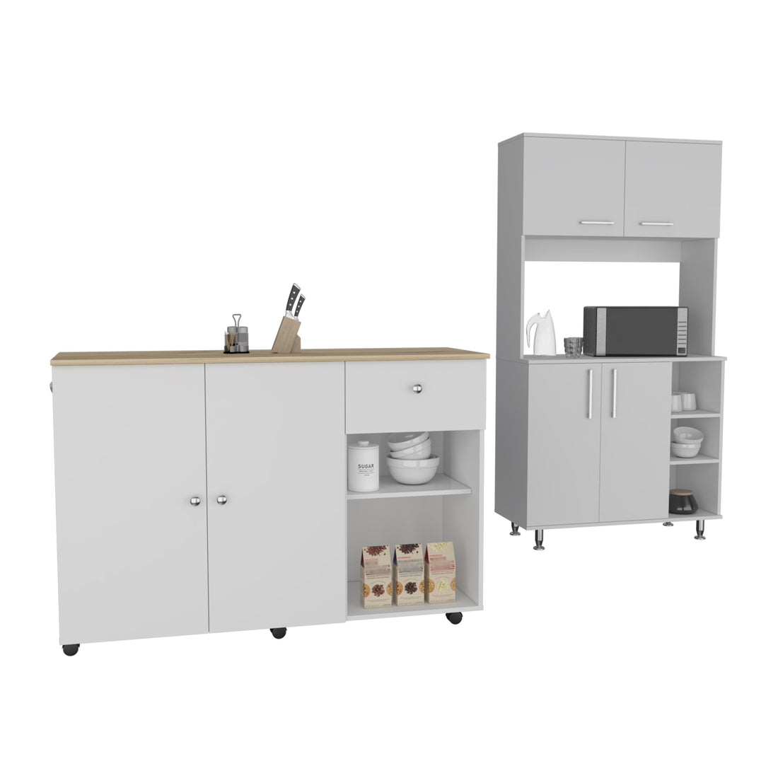 2 Piece Kitchen Set, Syros Kitchen Island Cart Malta Kitchen Pantry Cabinet, White Light Oak White Particle Board Particle Board