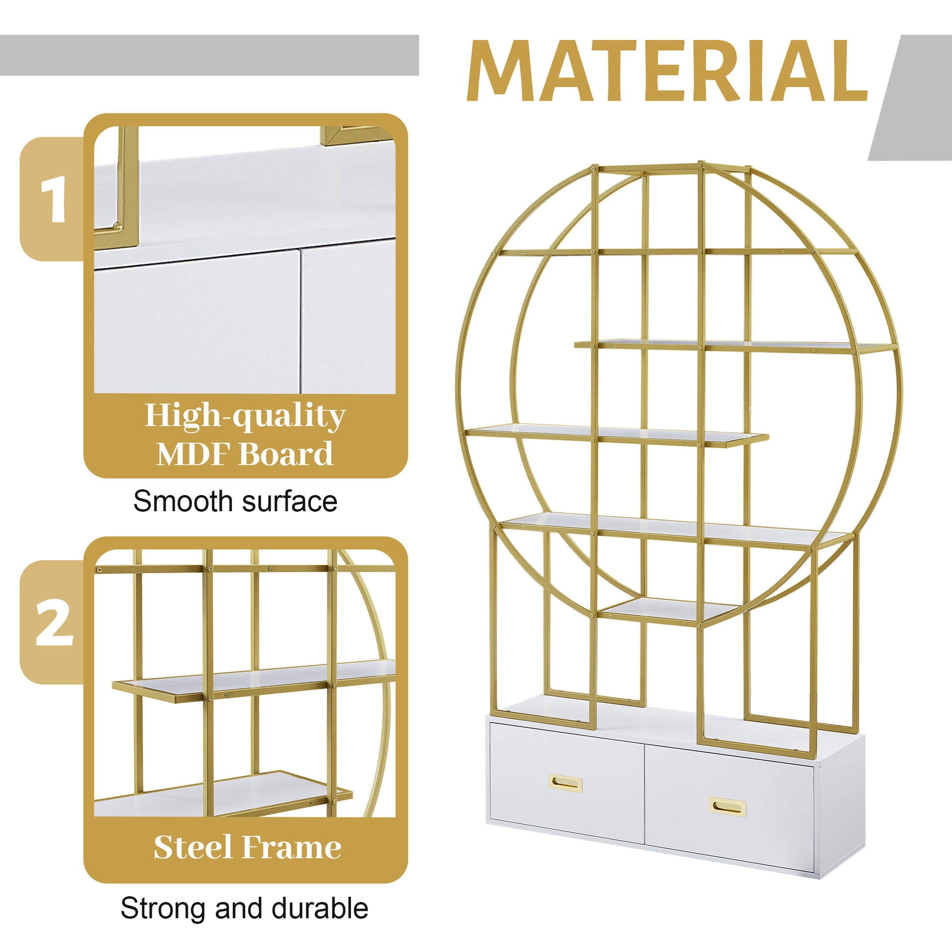 70.8 Inch Round Office Bookcase Bookshelf, Display Shelf, Two Drawers, Gold Frame Golden White Mdf Steel