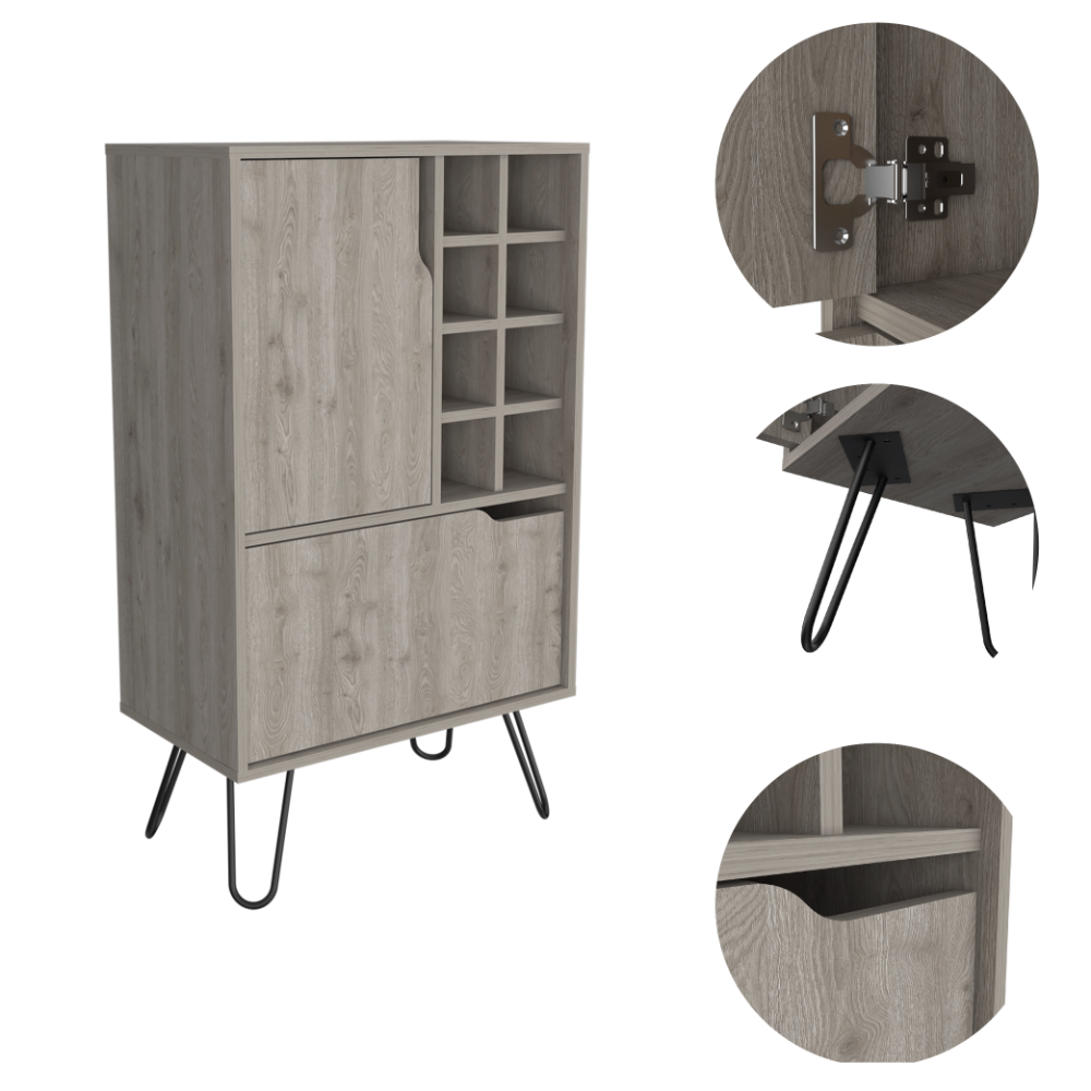 40" H Light Gray Coffee Bar Cartkitchen Or Living Room Cabinet Storage With 4 Vintage Legs With 8 Built In Bottle Racks, Casters And 2Doors For Storing Snaks, Glass And Small Thigns 5 Or More Shelves Grey Primary Living Space Modern Pine Particle Board