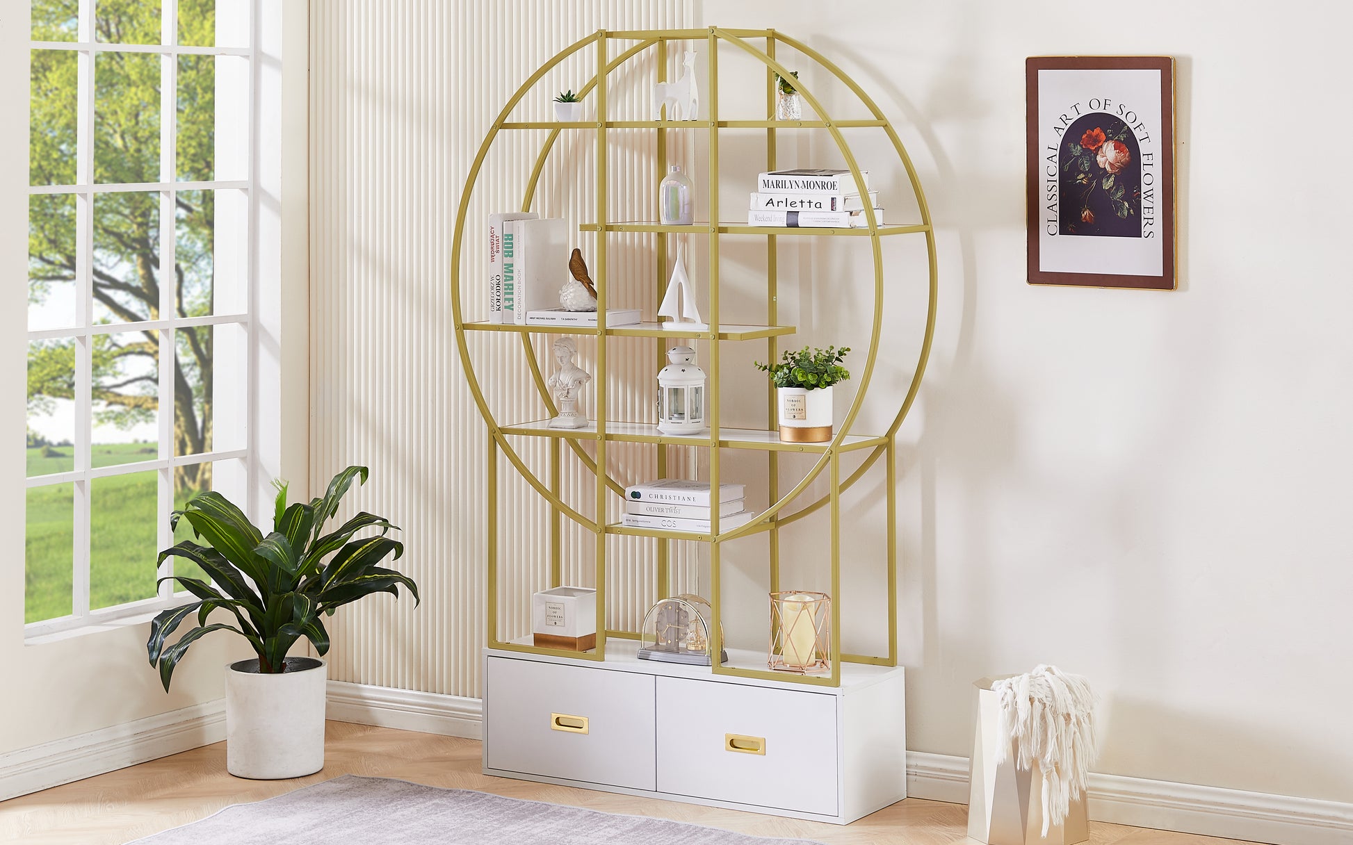 70.8 Inch Round Office Bookcase Bookshelf, Display Shelf, Two Drawers, Gold Frame Golden White Mdf Steel