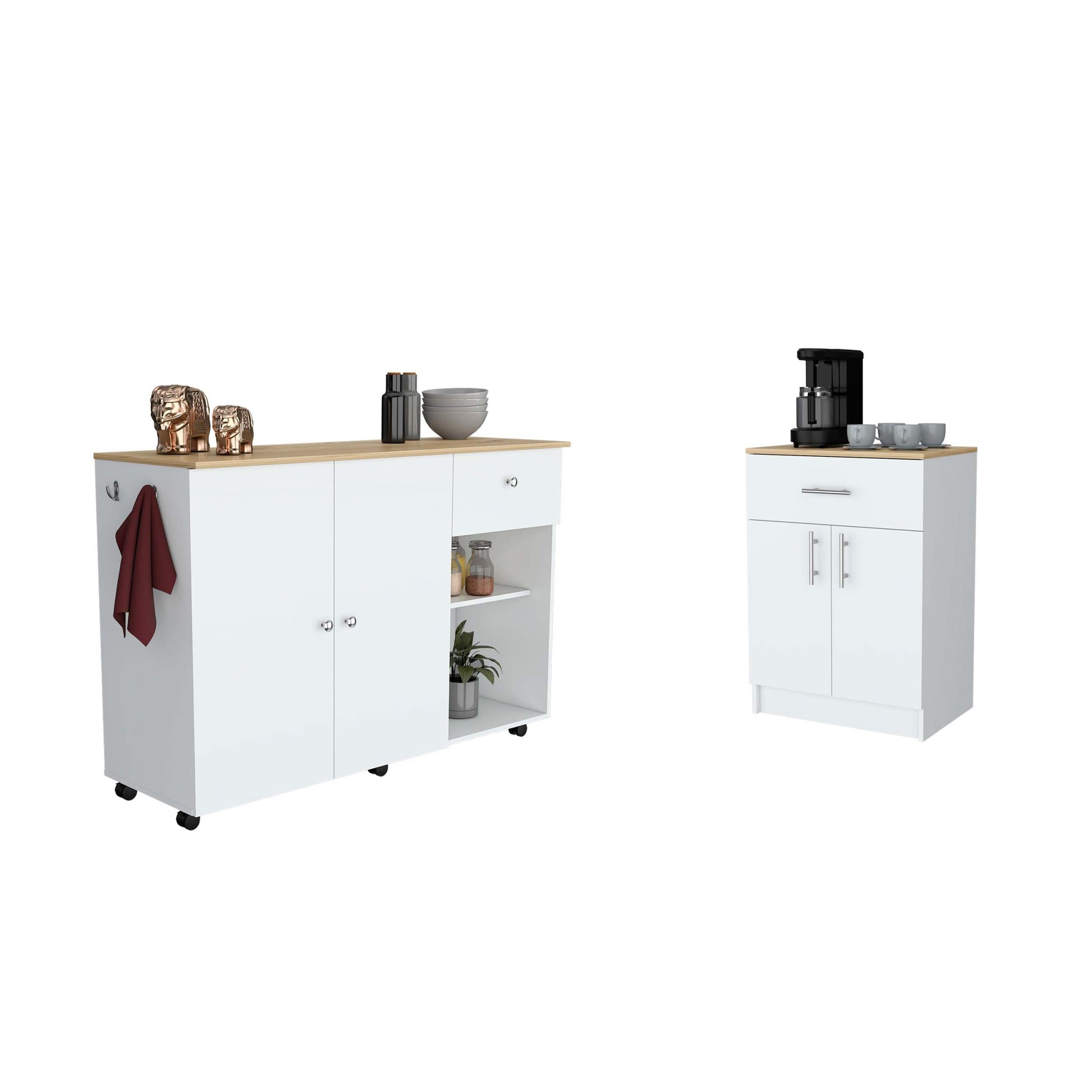 2 Piece Kitchen Set, Kitchen Island Cart Pantry Cabinet, White Light Oak White Particle Board Particle Board