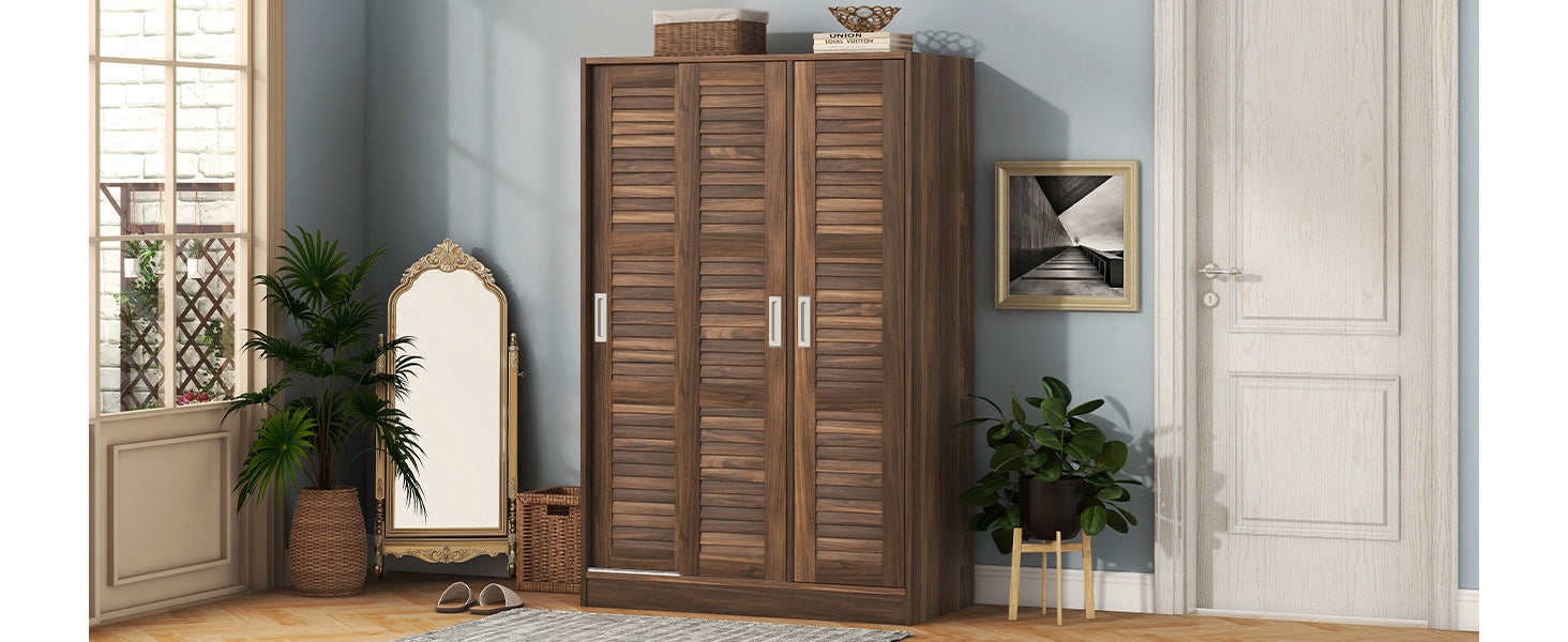 3 Door Shutter Wardrobe With Shelves, Walnut Sliding Walnut Shelf Bedroom Shelf Contemporary 3 Mdf
