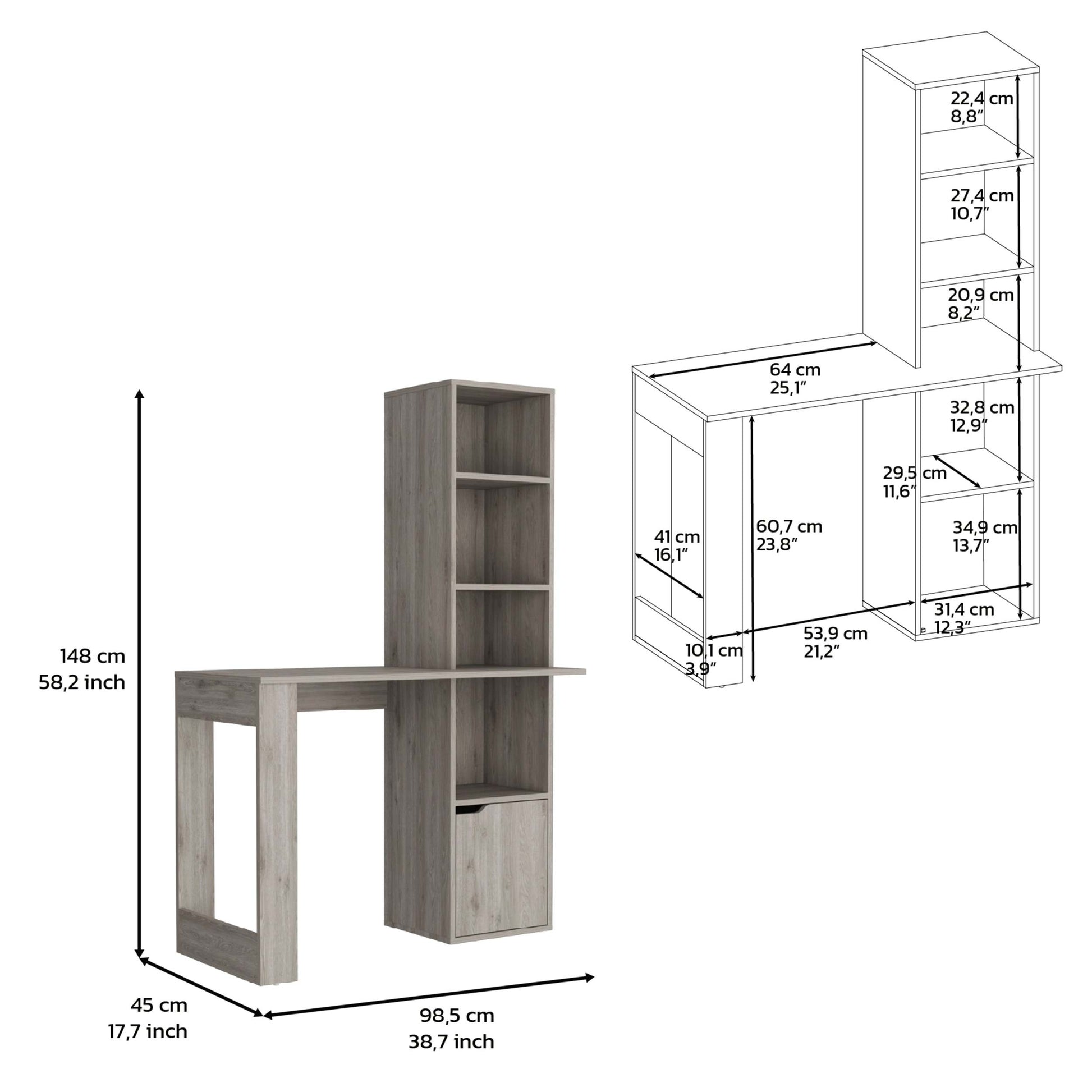 Light Gray Writing Computer Desk With Storage Cabinet And Bookcase With 4 Shevels, For Small And Big Spaces. Gray Particle Board Particle Board