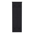 Black Dresser Closet With Upper Storage Covered With 1 Door, This Wardrobe Also Has 2 Central Shelves And 1 Tube For Hanging Clothes Covered By 2 Doors, And 1 Drawer At The Bottom. Black Particle Board Particle Board