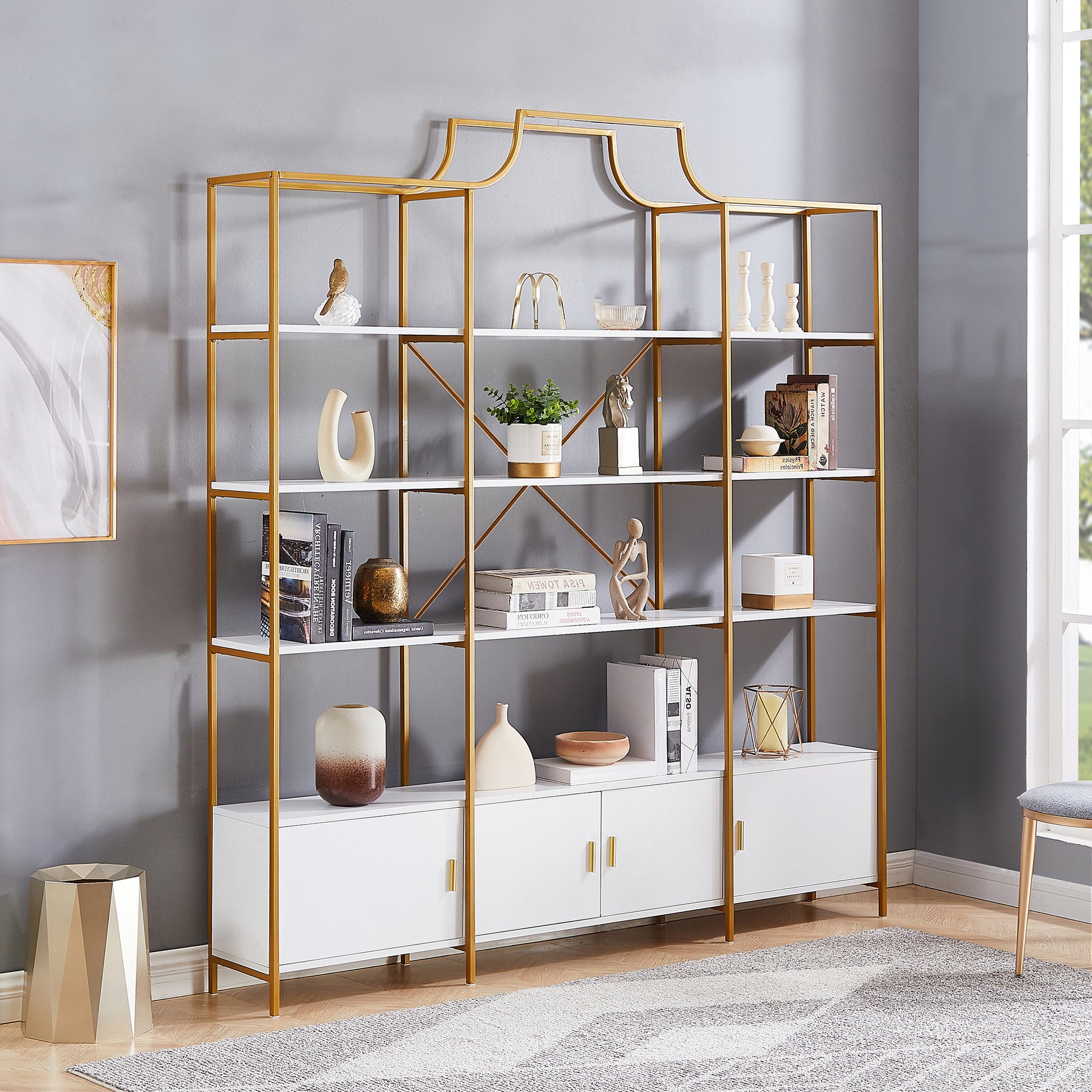 78 Inch 4 Tiers Home Office Bookcase Bookshelf, Storage Cabinet Display Shelf, X Bar Gold Frame Golden White Mdf Steel