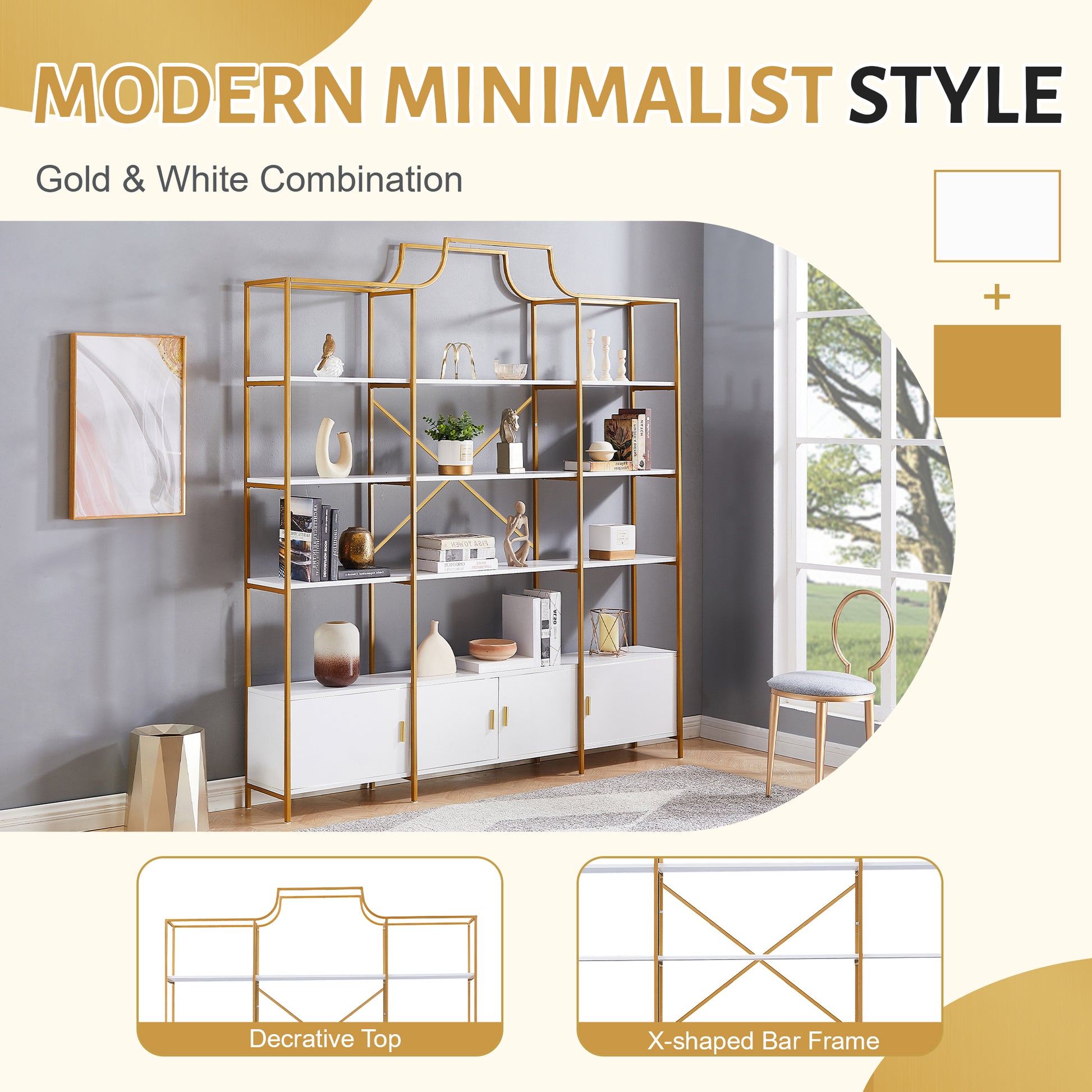 78 Inch 4 Tiers Home Office Bookcase Bookshelf, Storage Cabinet Display Shelf, X Bar Gold Frame Golden White Mdf Steel