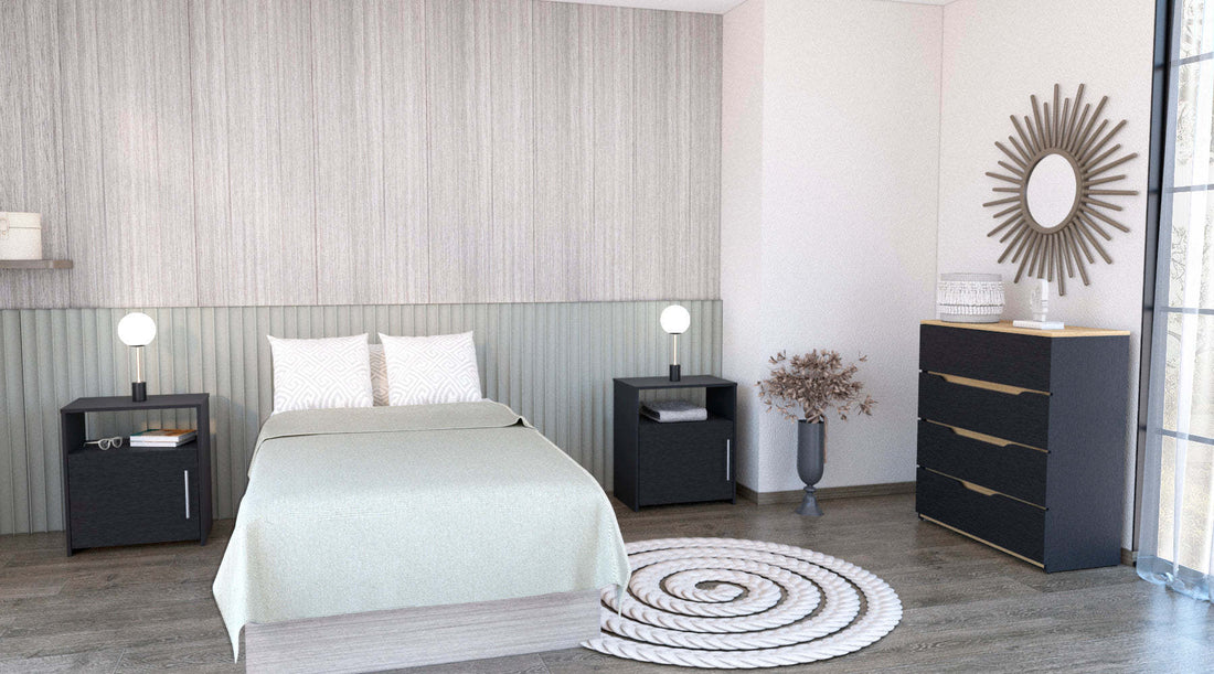 3 Piece Bedroom Set, Aralia Drawer Dresser, 2 Omaha Nightstands, Black Light Oak Black Particle Board Particle Board