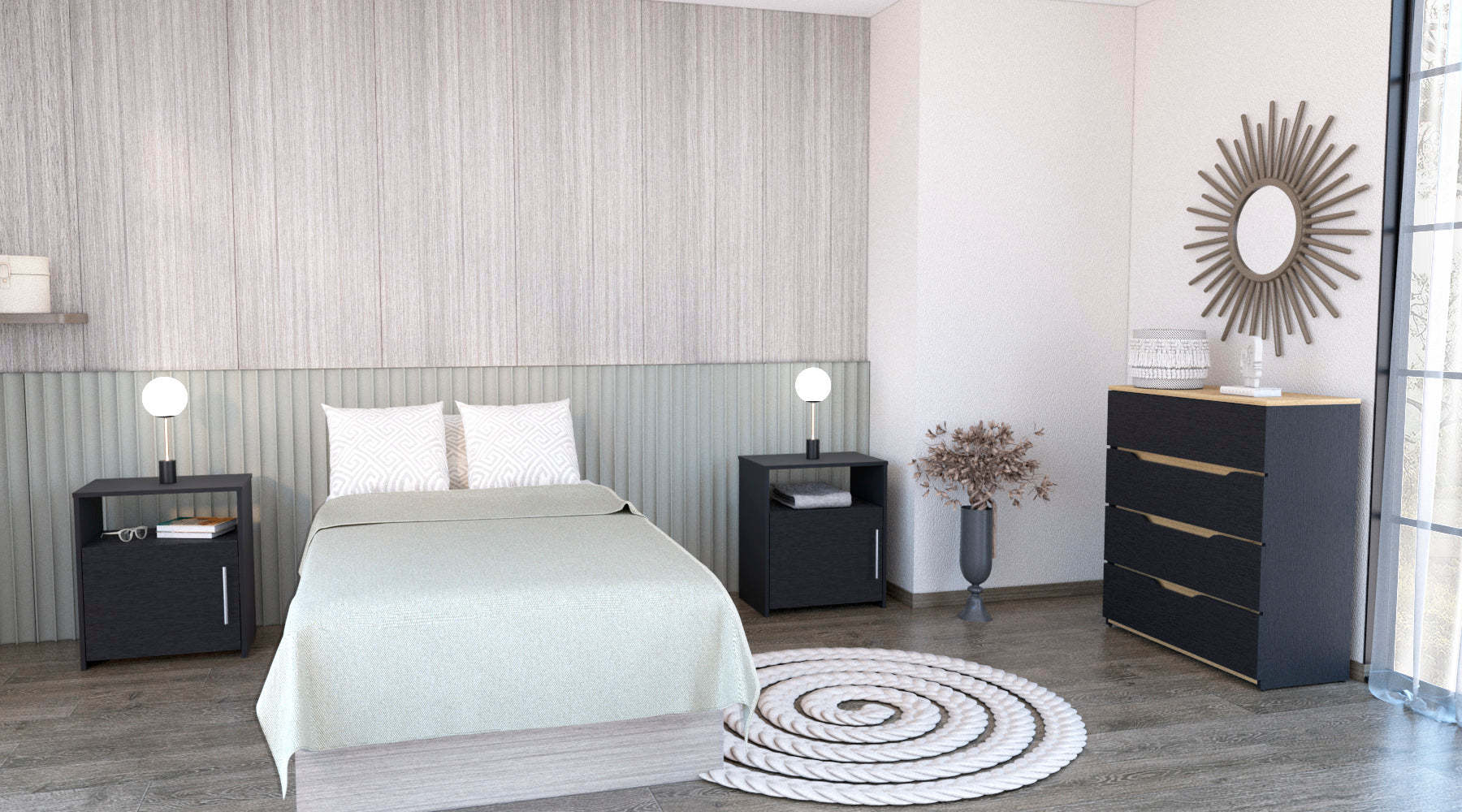 3 Piece Bedroom Set, Aralia Drawer Dresser, 2 Omaha Nightstands, Black Light Oak Black Particle Board Particle Board