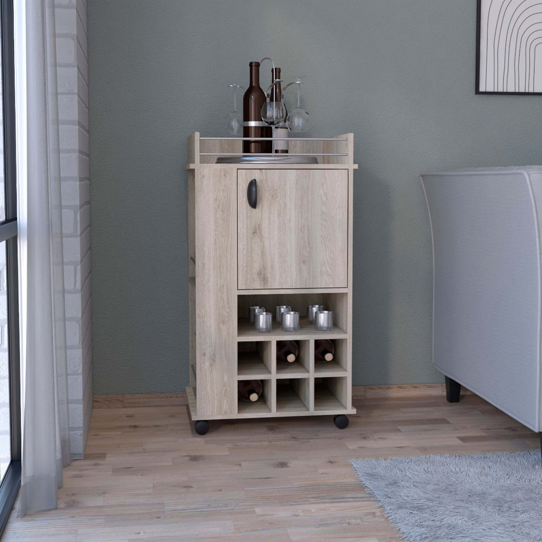 Light Gray 4 Wheel Bar Cart Cabinet For Kitchen Or Living Room, With 6 Built In Bottle Racks, 1 Interior Shelve, 2 Side Shelves, 1 Space With Wood Door To Store Glasses, Cups, Coffee Or Snacks. Gray Particle Board Particle Board